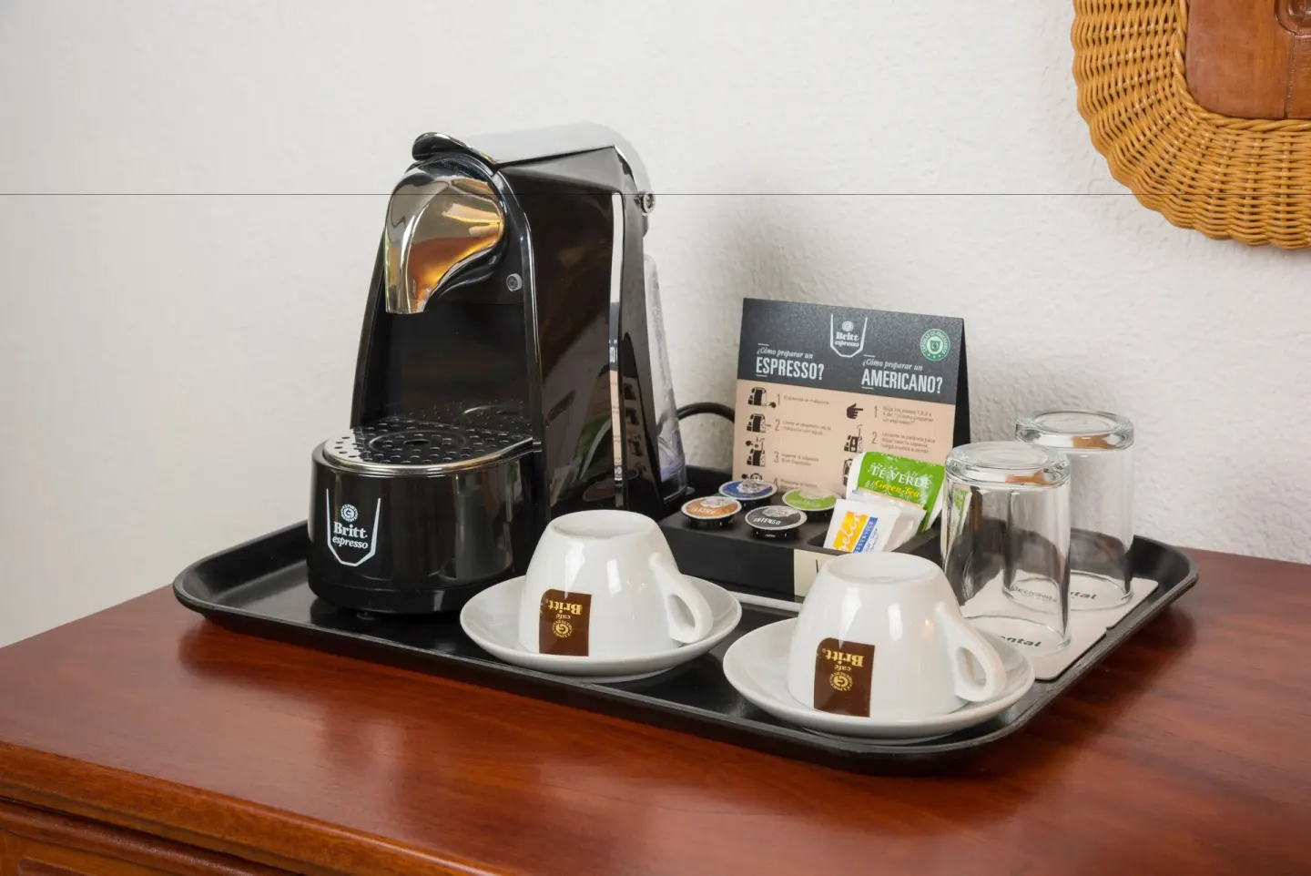 Superior Room coffee station with cups and glasses at Occidental Tamarindo.