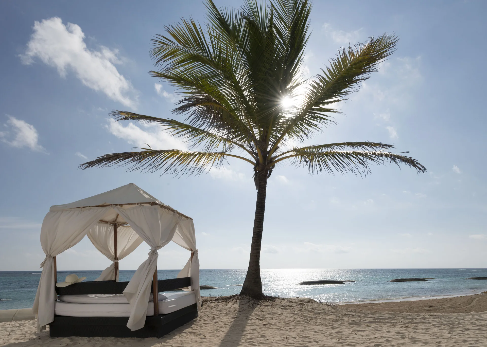 Beach cabana beside a palm tree facing the ocean at Ocean Blue & Sand Beach Resort.