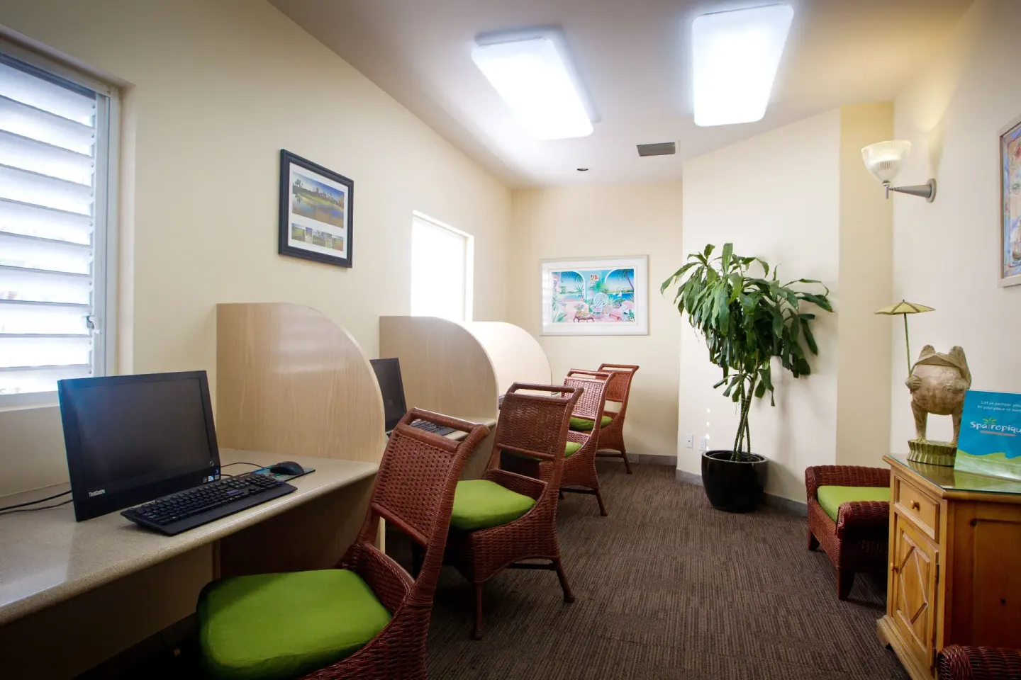 Computer workstations in the business center at Ocean Club West, Grace Bay Beach.