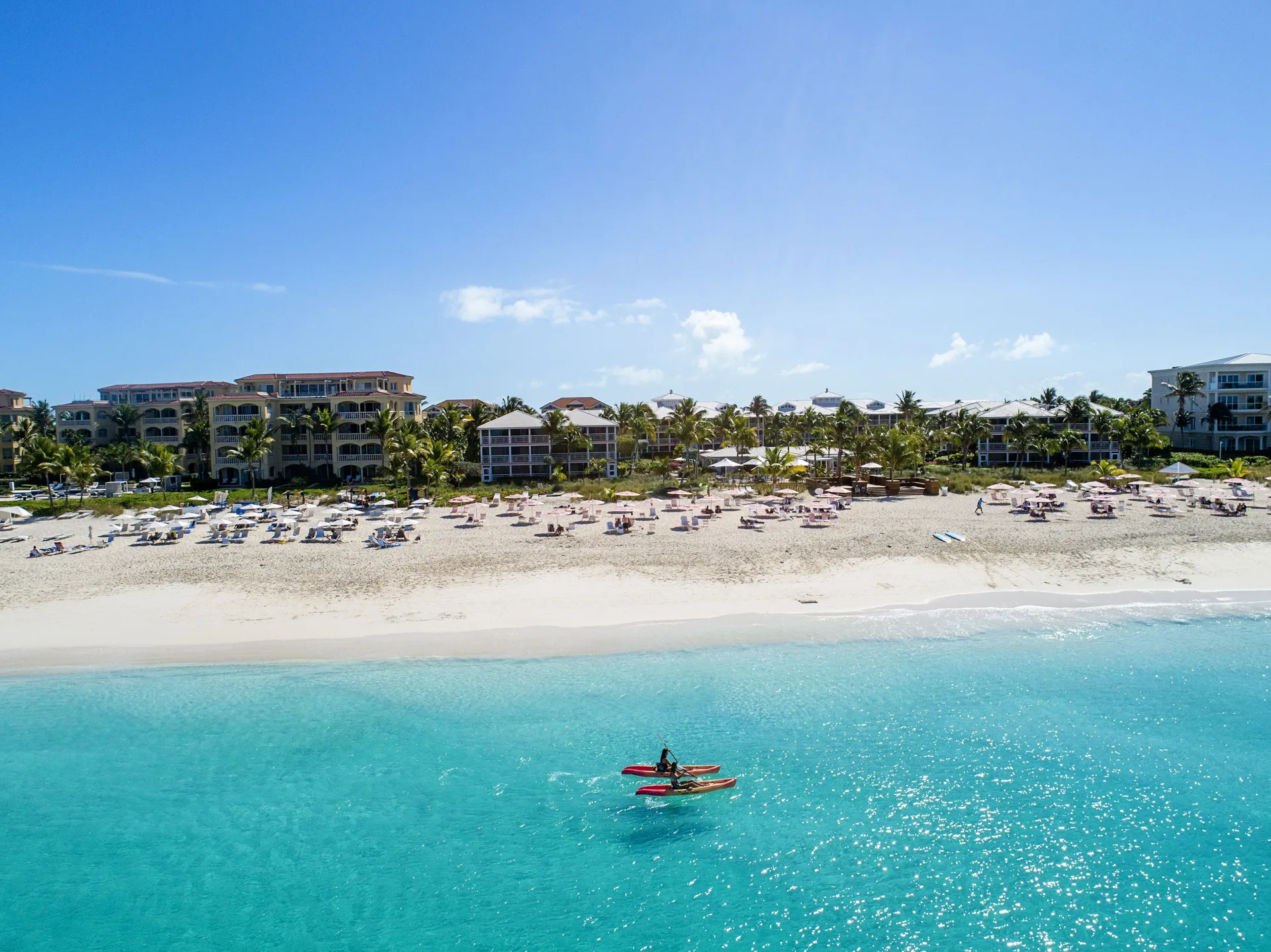 Grace Bay Beach shoreline and turquoise water in front of Ocean Club West, Grace Bay Beach.