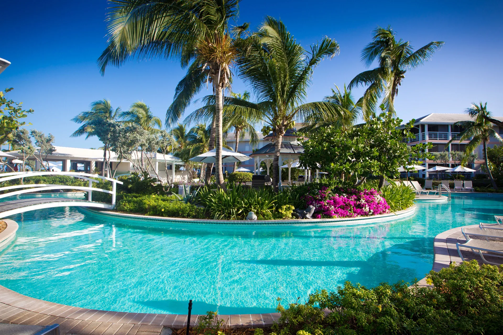 Curved resort pool with palms, bridge, and flowering landscaping at Ocean Club West, Grace Bay Beach.