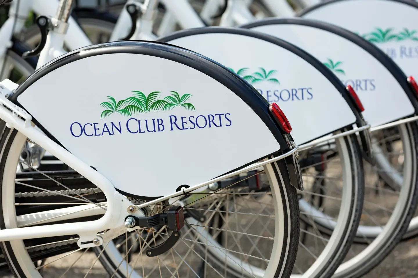 Close-up of white resort bicycle wheels and fenders at Ocean Club West, Grace Bay Beach.