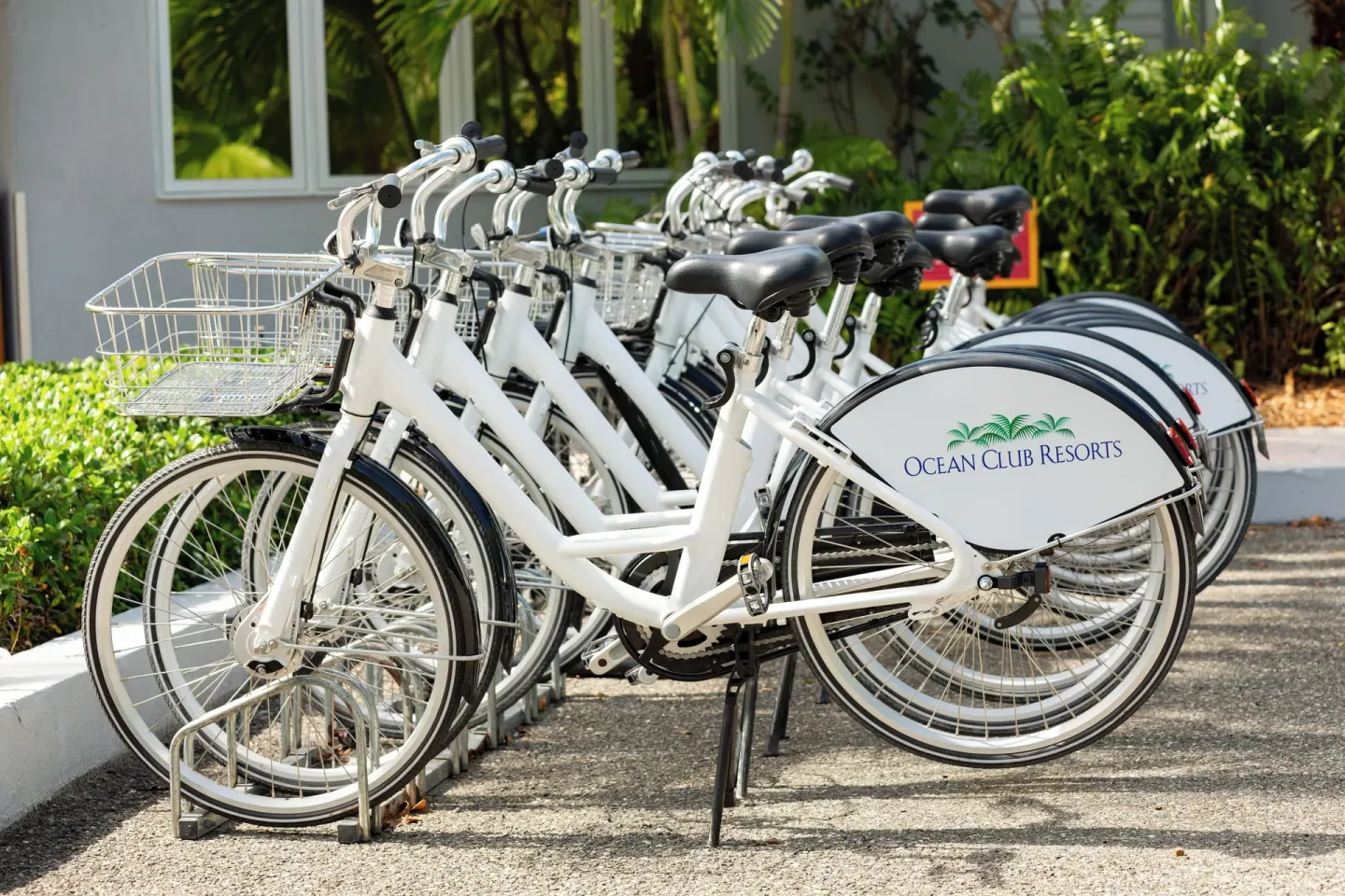 White resort bicycles are parked in a rack at Ocean Club West, Grace Bay Beach.