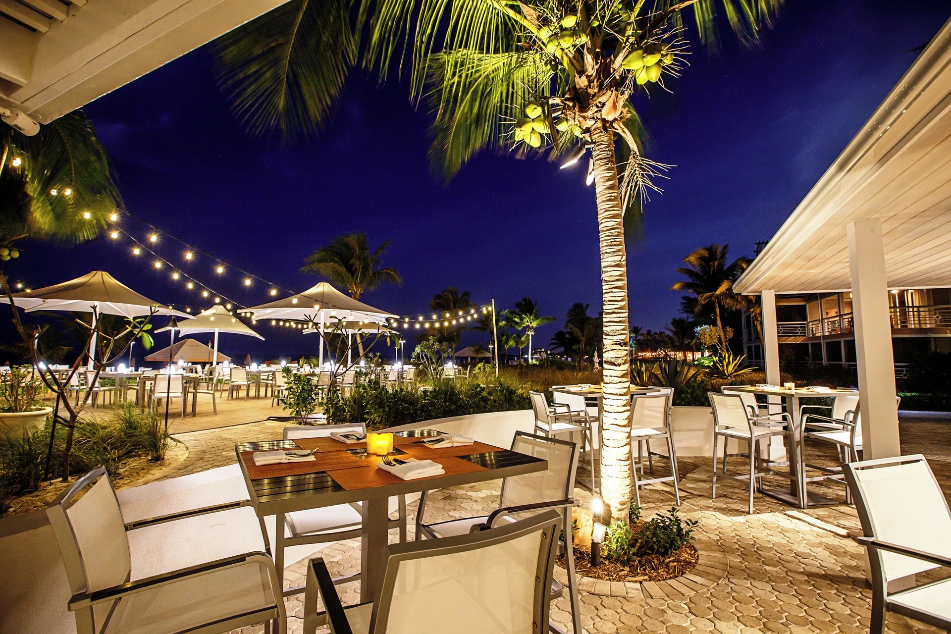 Outdoor restaurant patio with palm trees and string lights at Ocean Club West, Grace Bay Beach.
