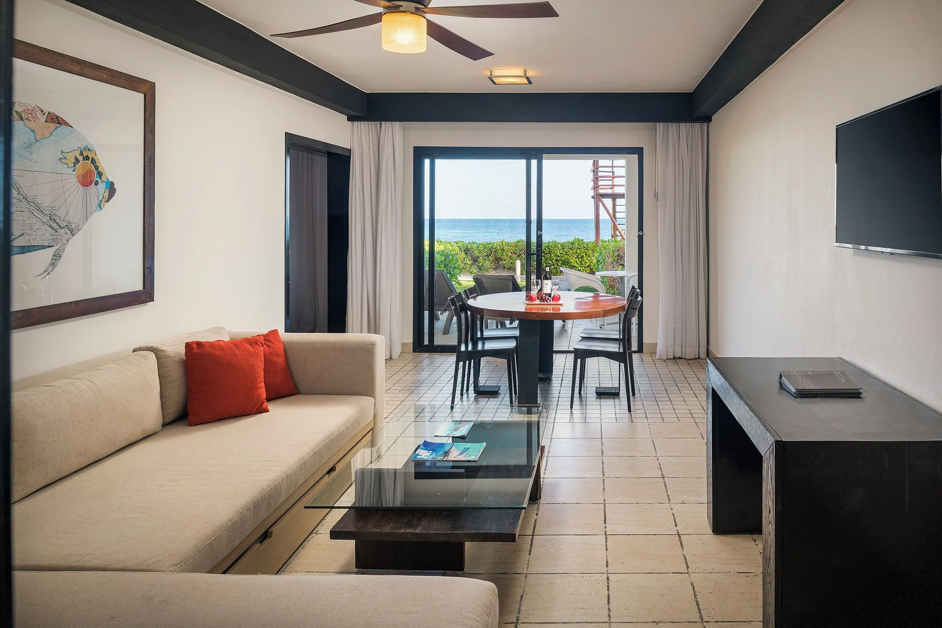 Privilege Royal Master Suite living area with terrace ocean view at Ocean Coral and Turquesa.