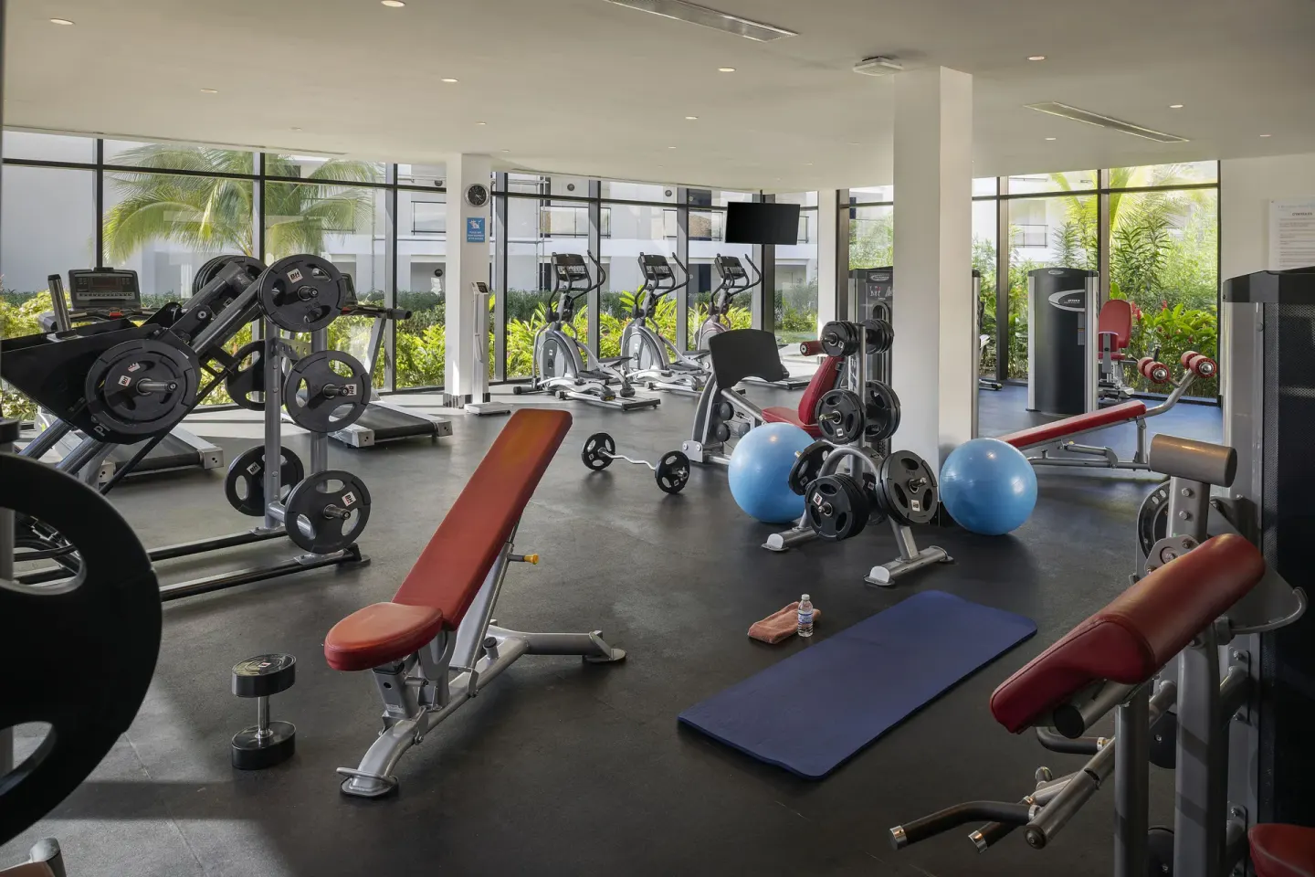 Fitness center with free weights, benches, mats, and cardio machines at Ocean Eden Bay.