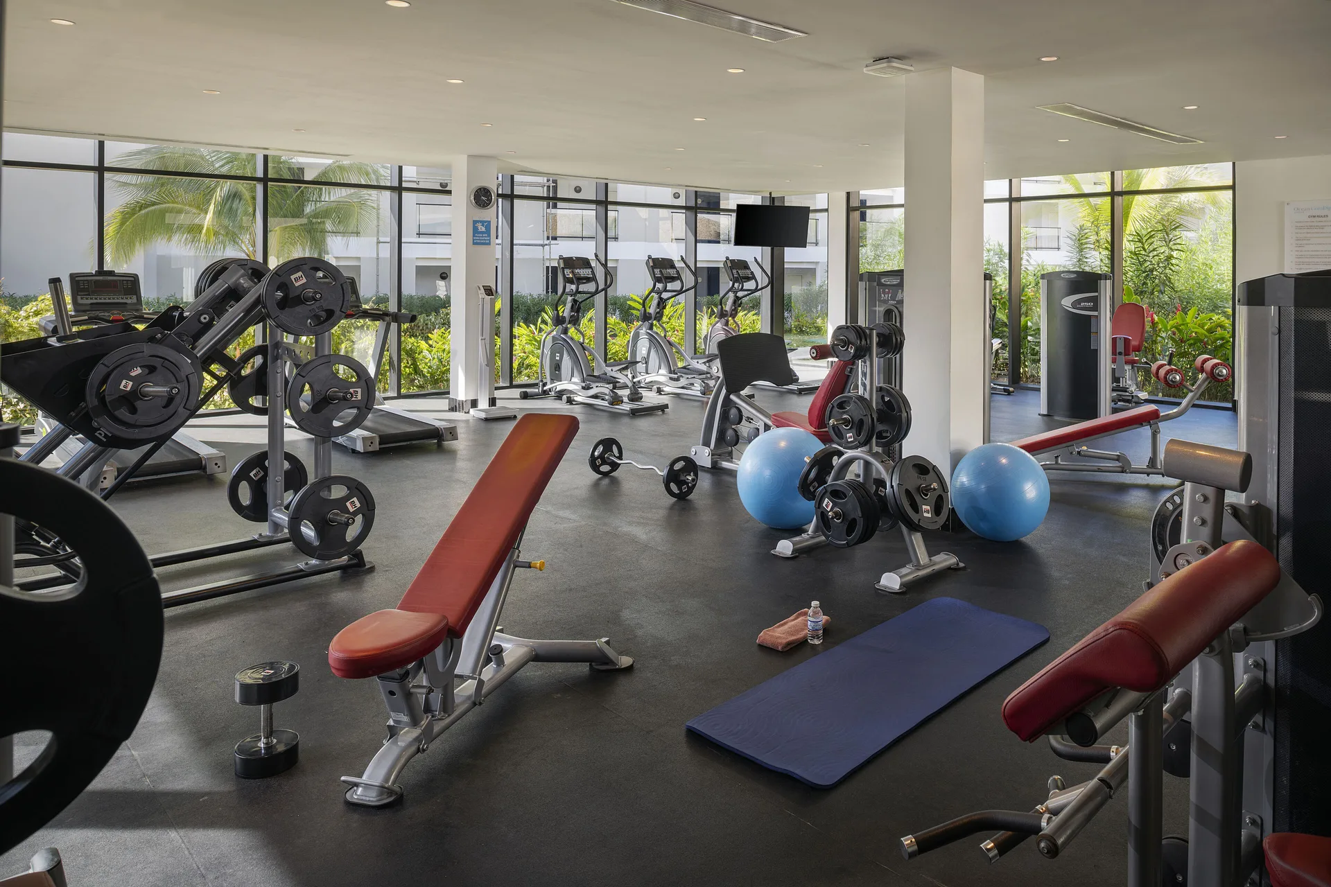 Fitness center with free weights, benches, mats, and cardio machines at Ocean Eden Bay.