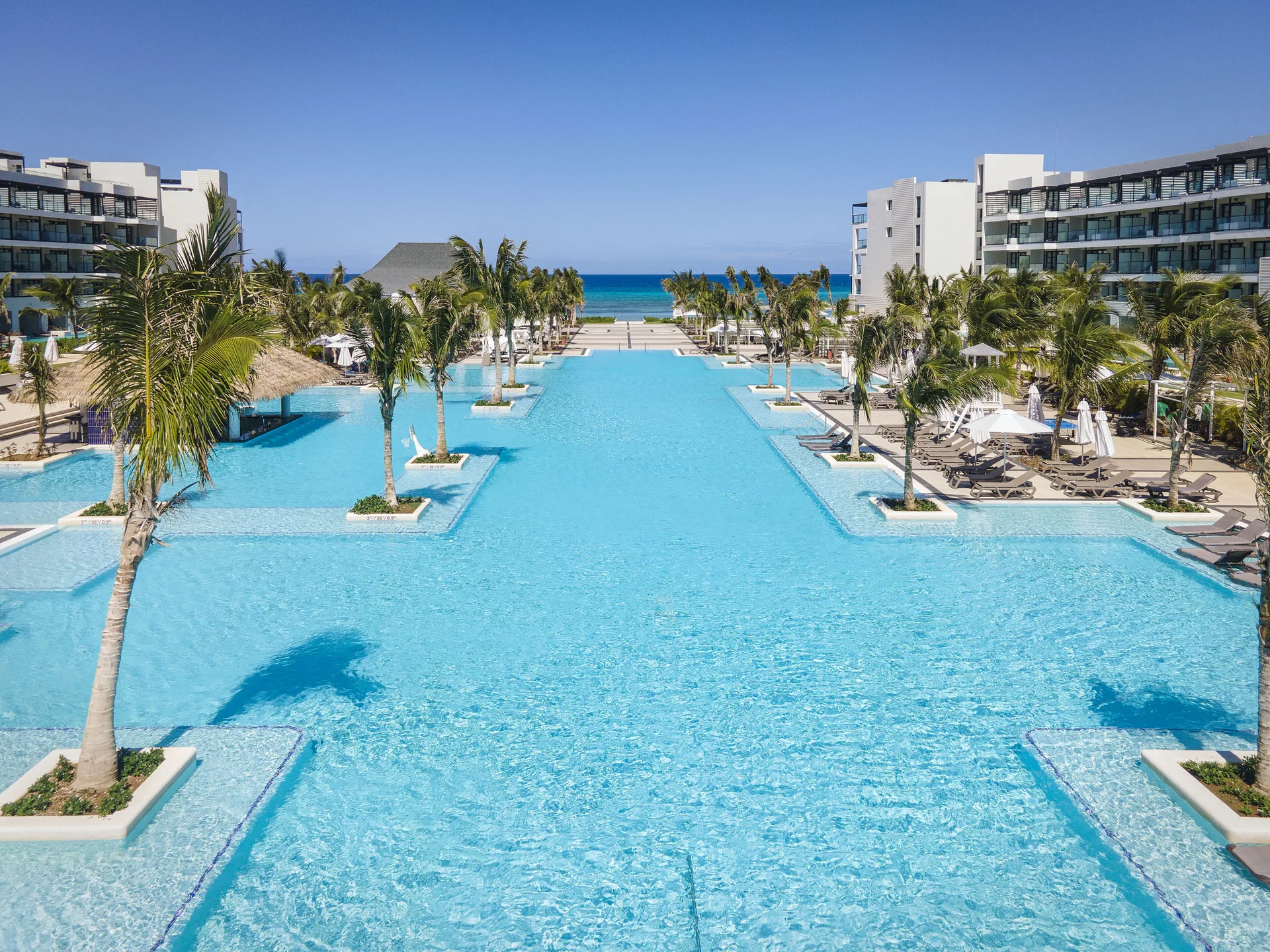 Large palm-lined swimming pool between resort buildings at Ocean Eden Bay.