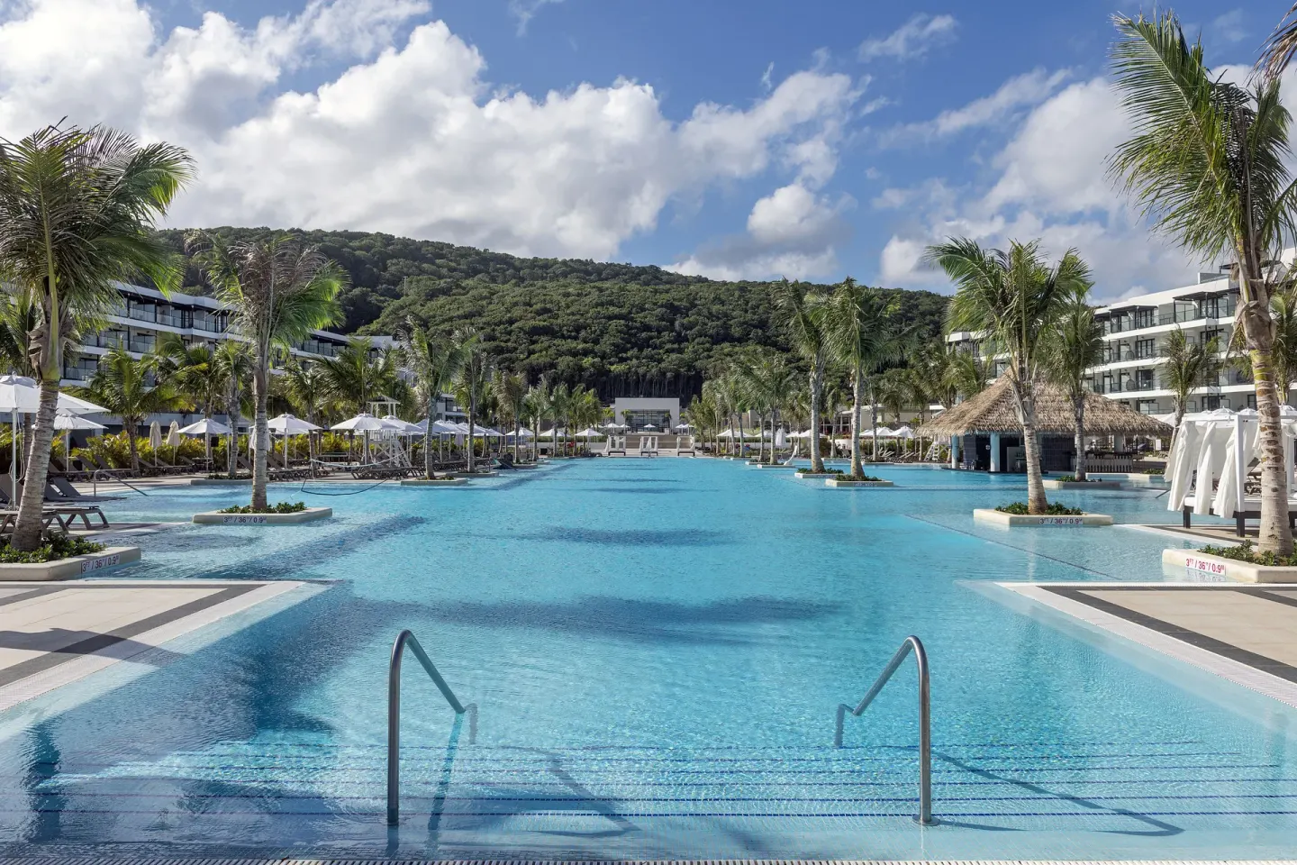 Wide pool with steps, palms, thatched bar, and hillside backdrop at Ocean Eden Bay.