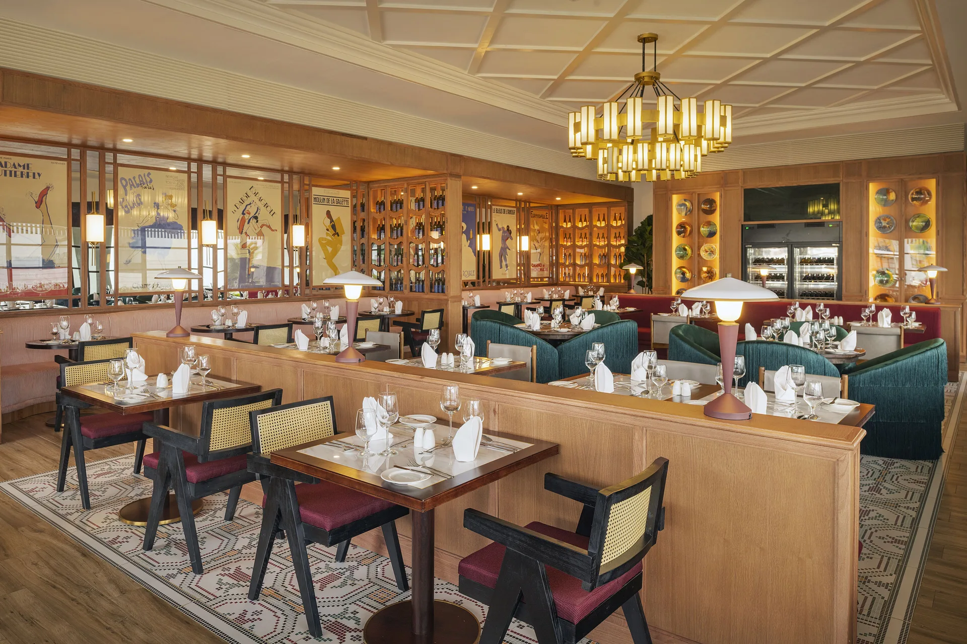 Elegant dining room with teal booths and wall displays at Ocean Eden Bay.