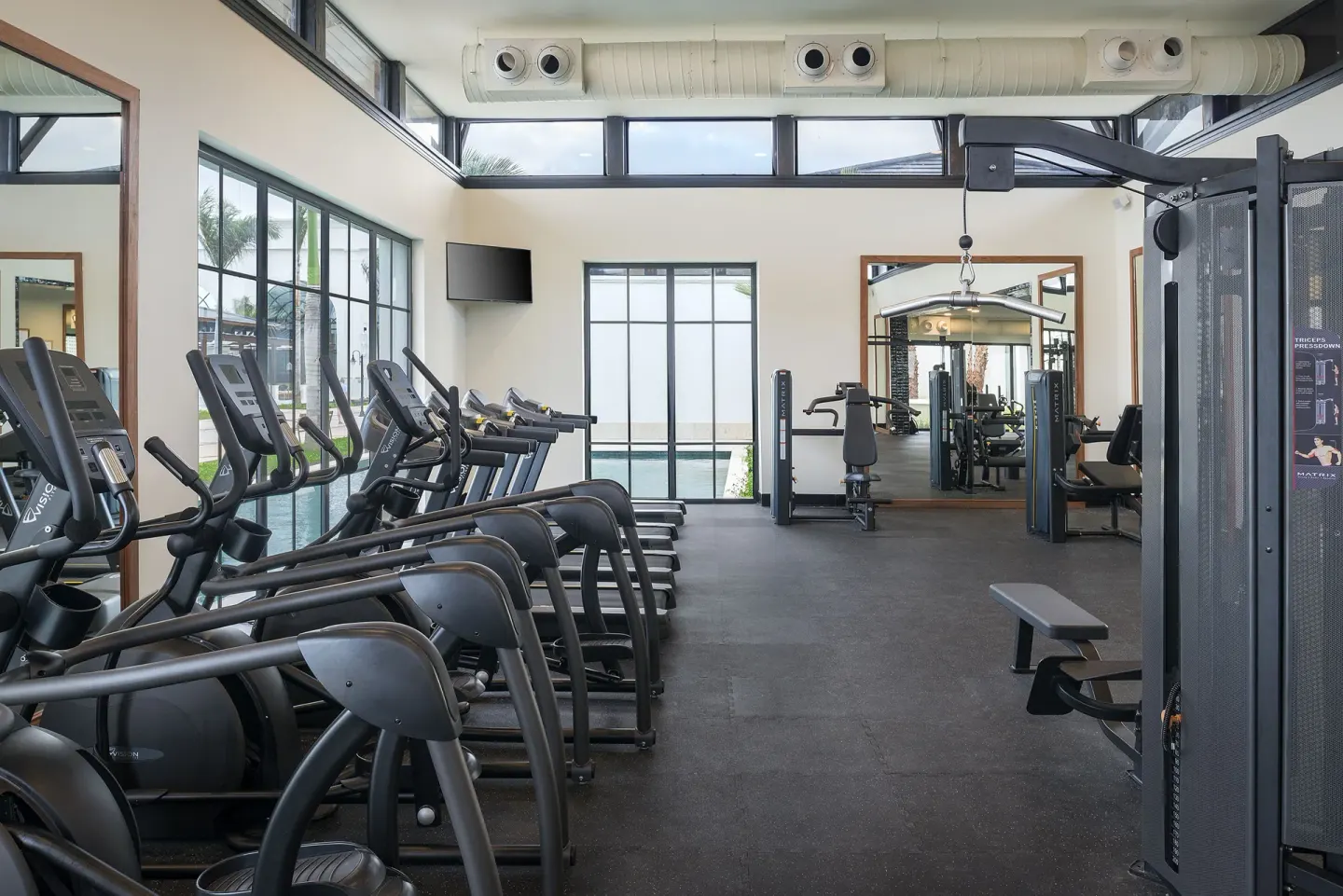 Fitness center with cardio machines and weight equipment at Ocean El Faro Resort.