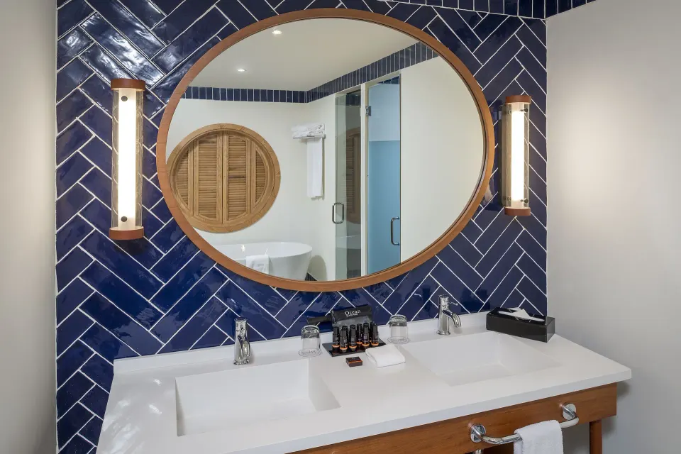 Privilege Master Suite Swim Up bathroom vanity at Ocean El Faro Resort.