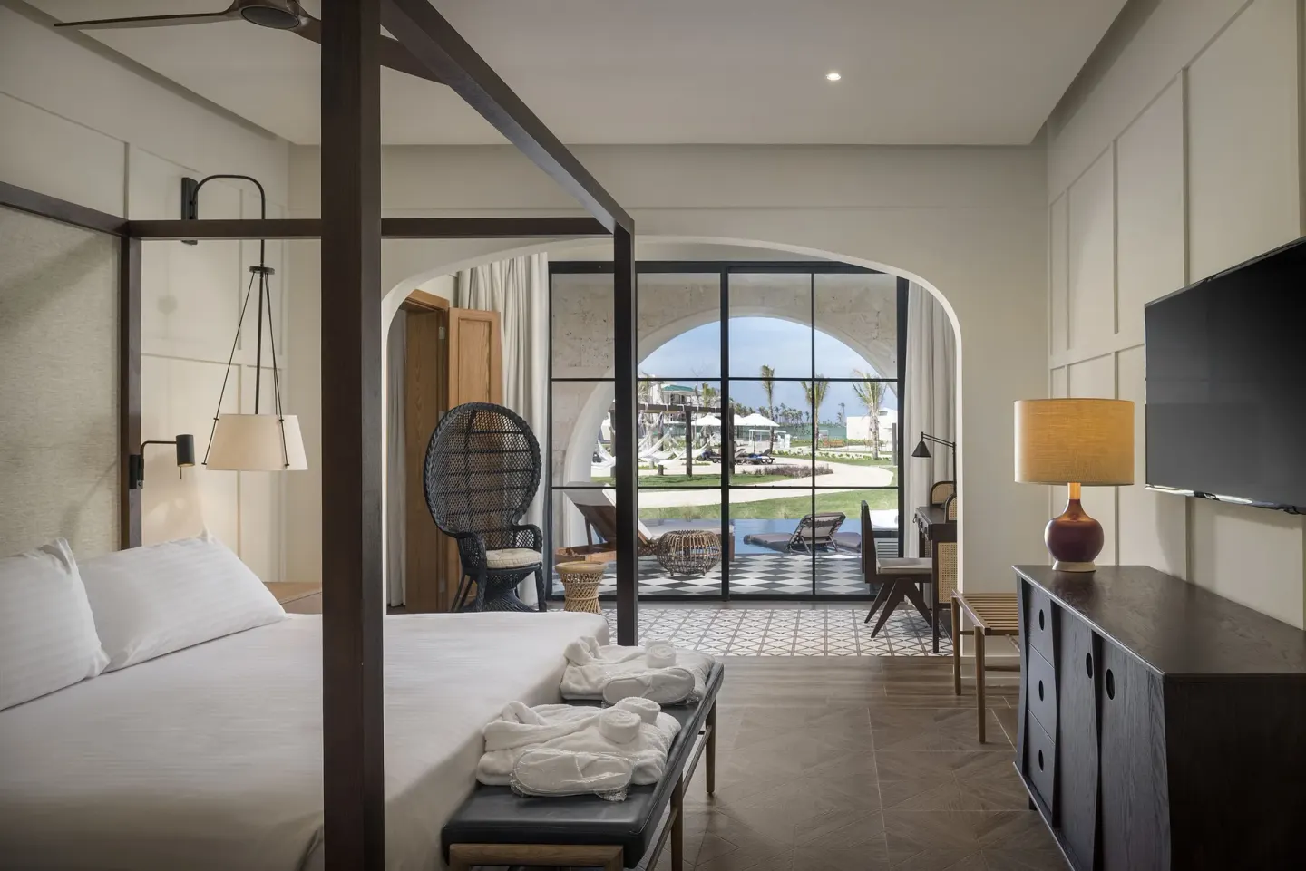 Privilege Master Suite Swim Up bedroom and terrace at Ocean El Faro Resort.