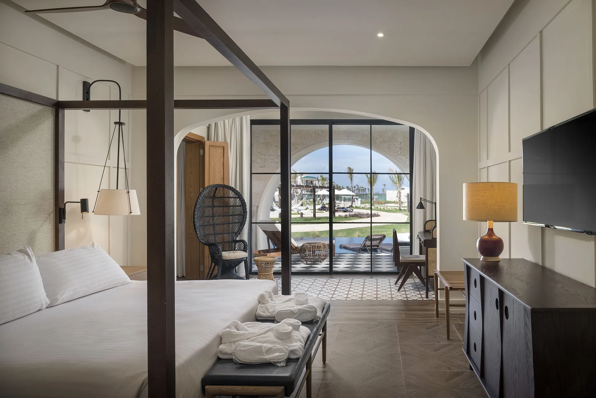 Privilege Master Suite Swim Up bedroom and terrace at Ocean El Faro Resort.
