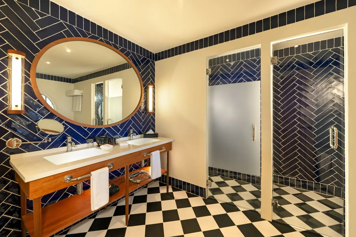Royal Master Suite Ocean El Faro Resort bathroom vanity and glass showers at Ocean El Faro Resort.