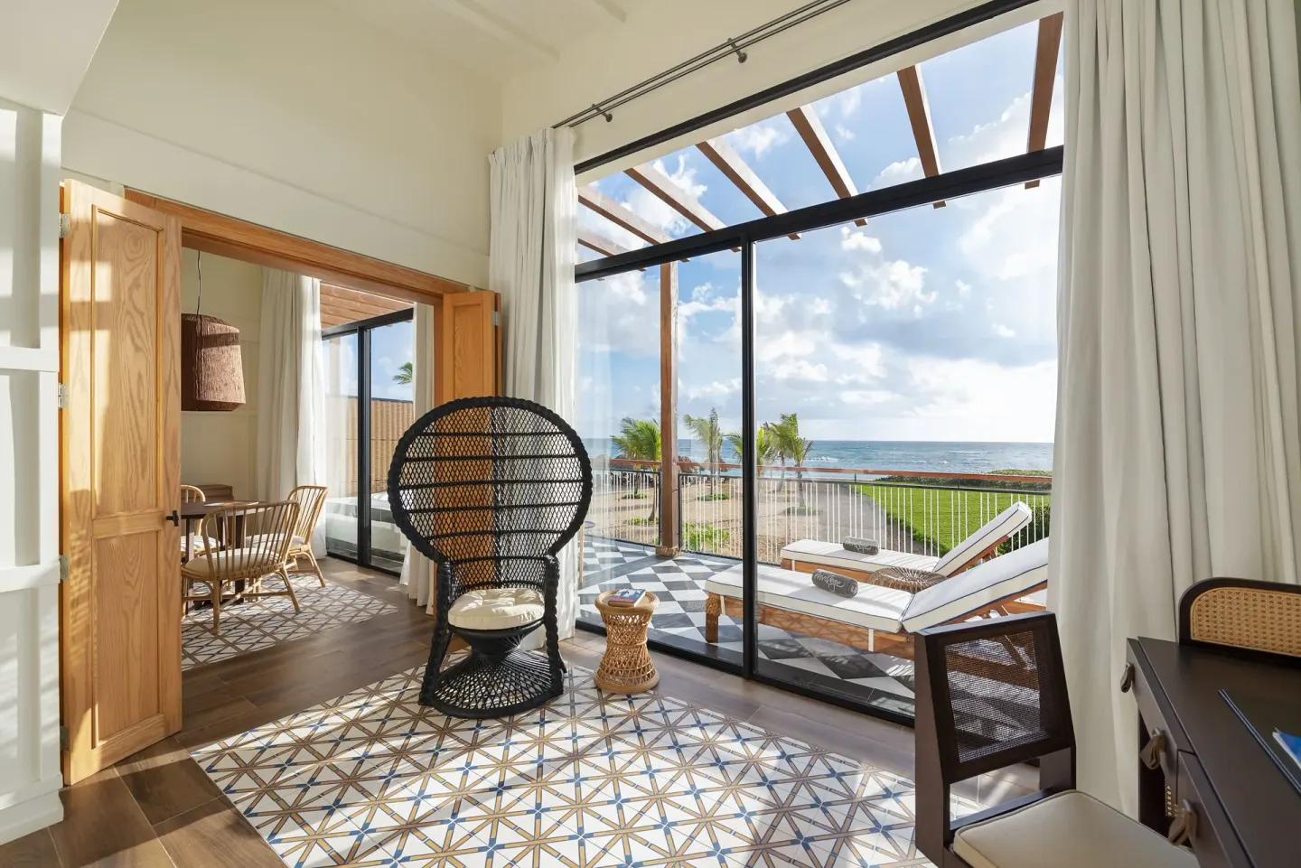 Royal Master Suite Ocean El Faro Resort sitting area and terrace view at Ocean El Faro Resort.