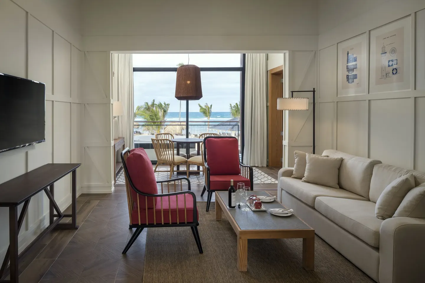 Royal Master Suite Ocean El Faro Resort living room with balcony ocean view at Ocean El Faro Resort.