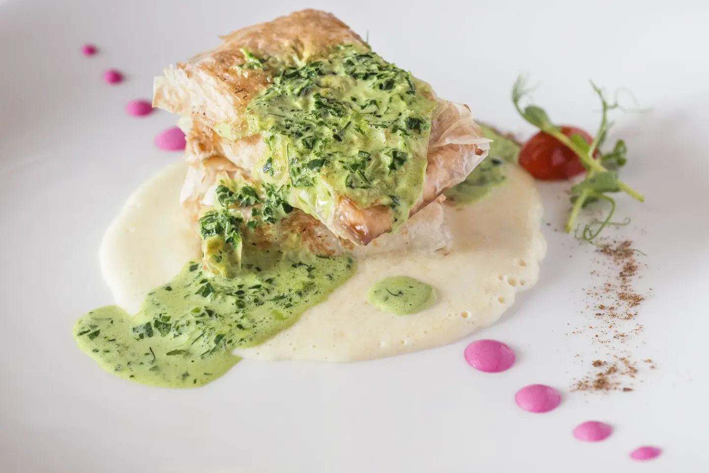 Plated fish with green herb sauce and garnish at Ocean Maya Royale.