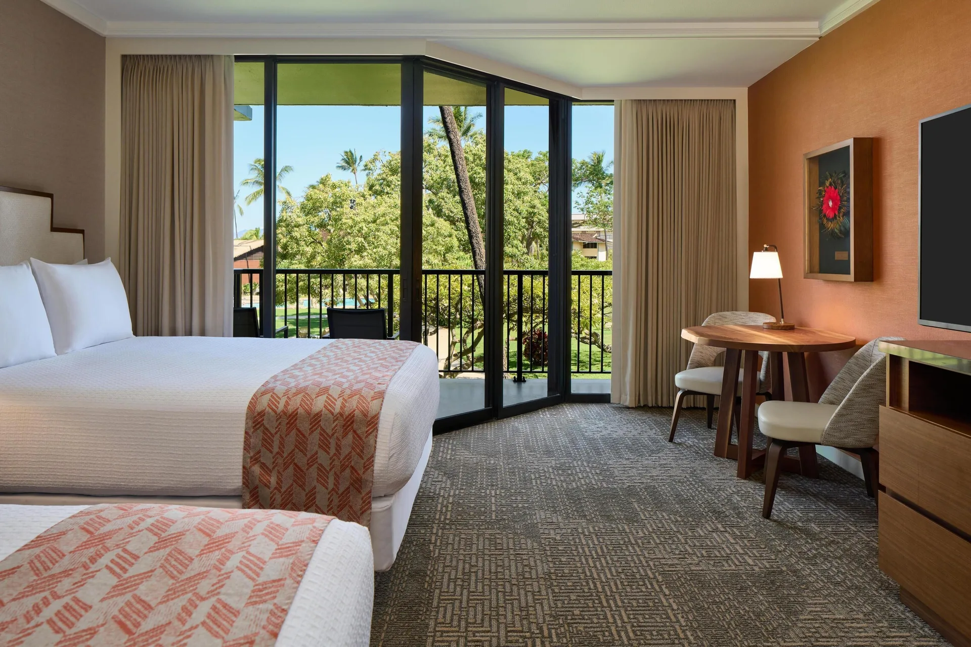 Premium Resort View One at Outrigger Kaanapali Beach Resort with two queen beds, courtyard view, and comfortable modern design in West Maui.