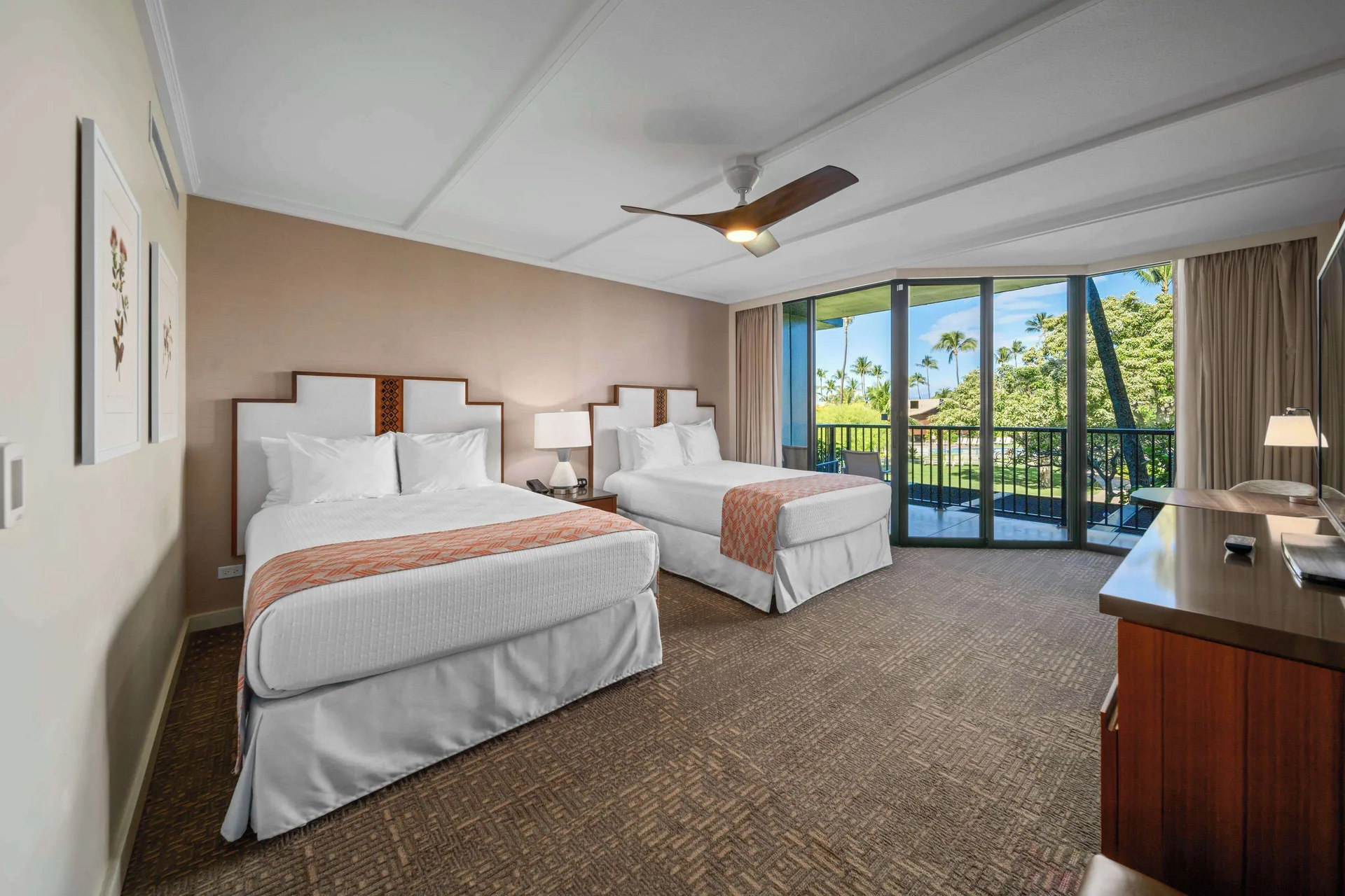 Premium Resort View Two at Outrigger Kaanapali Beach Resort with two queen beds, private lanai, and courtyard view in West Maui.