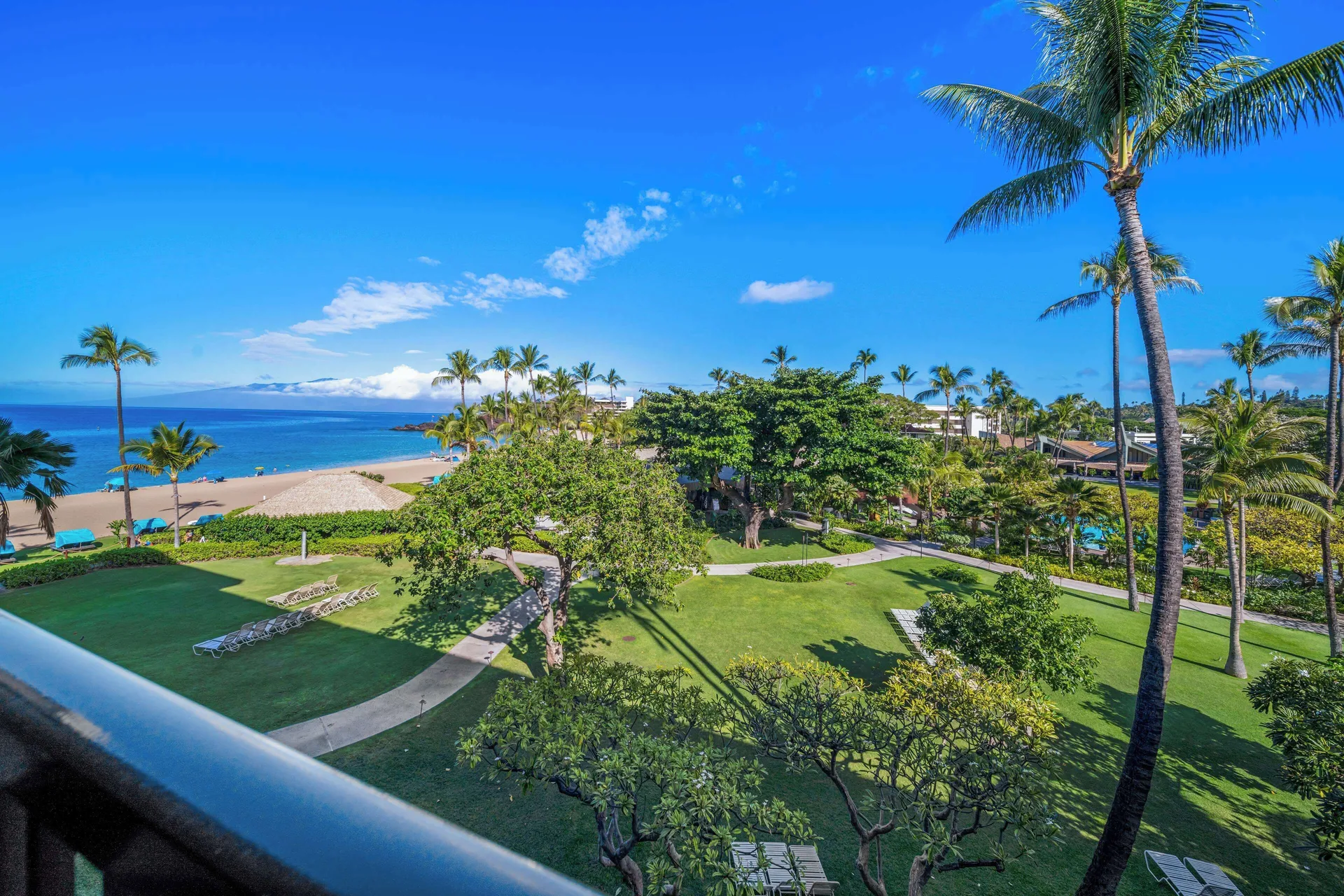 Wide ocean and lawn view from a Premium Room at Outrigger Kaanapali Beach Resort.
