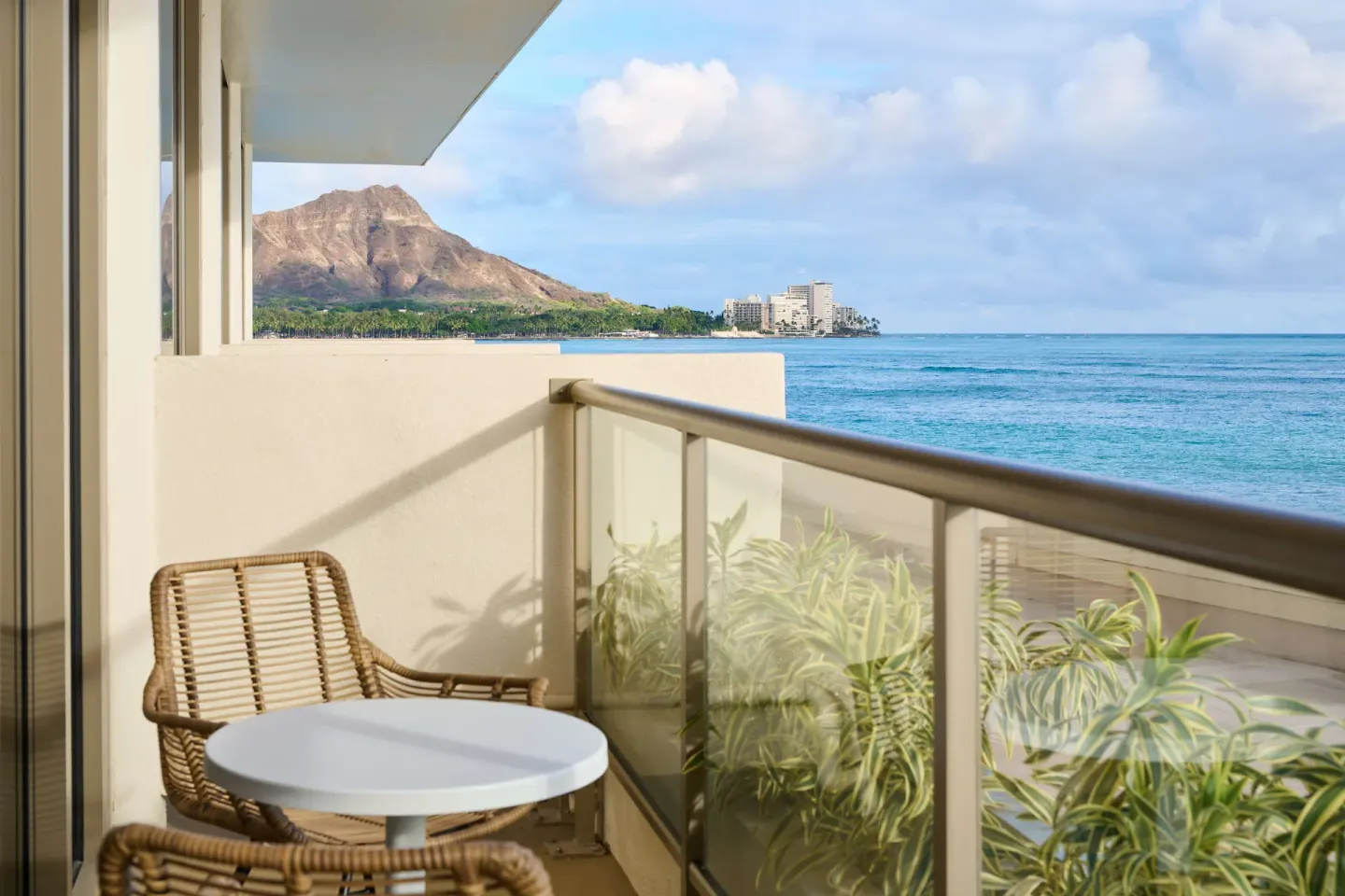 Balcony oceanfront Diamond Head view at OUTRIGGER Reef Waikiki Beach Resort.