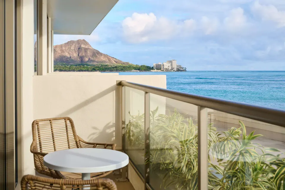 Balcony oceanfront Diamond Head view at OUTRIGGER Reef Waikiki Beach Resort.