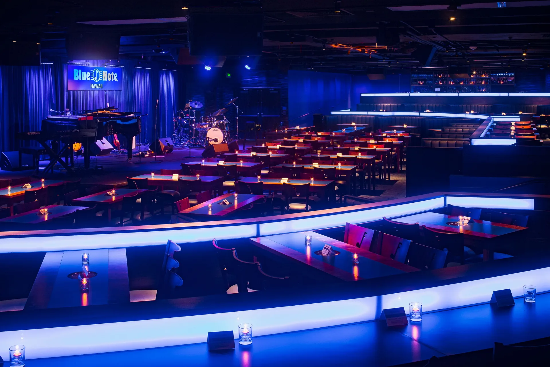 Blue Note Hawaii dining room and stage at Outrigger Waikiki Beach Resort.