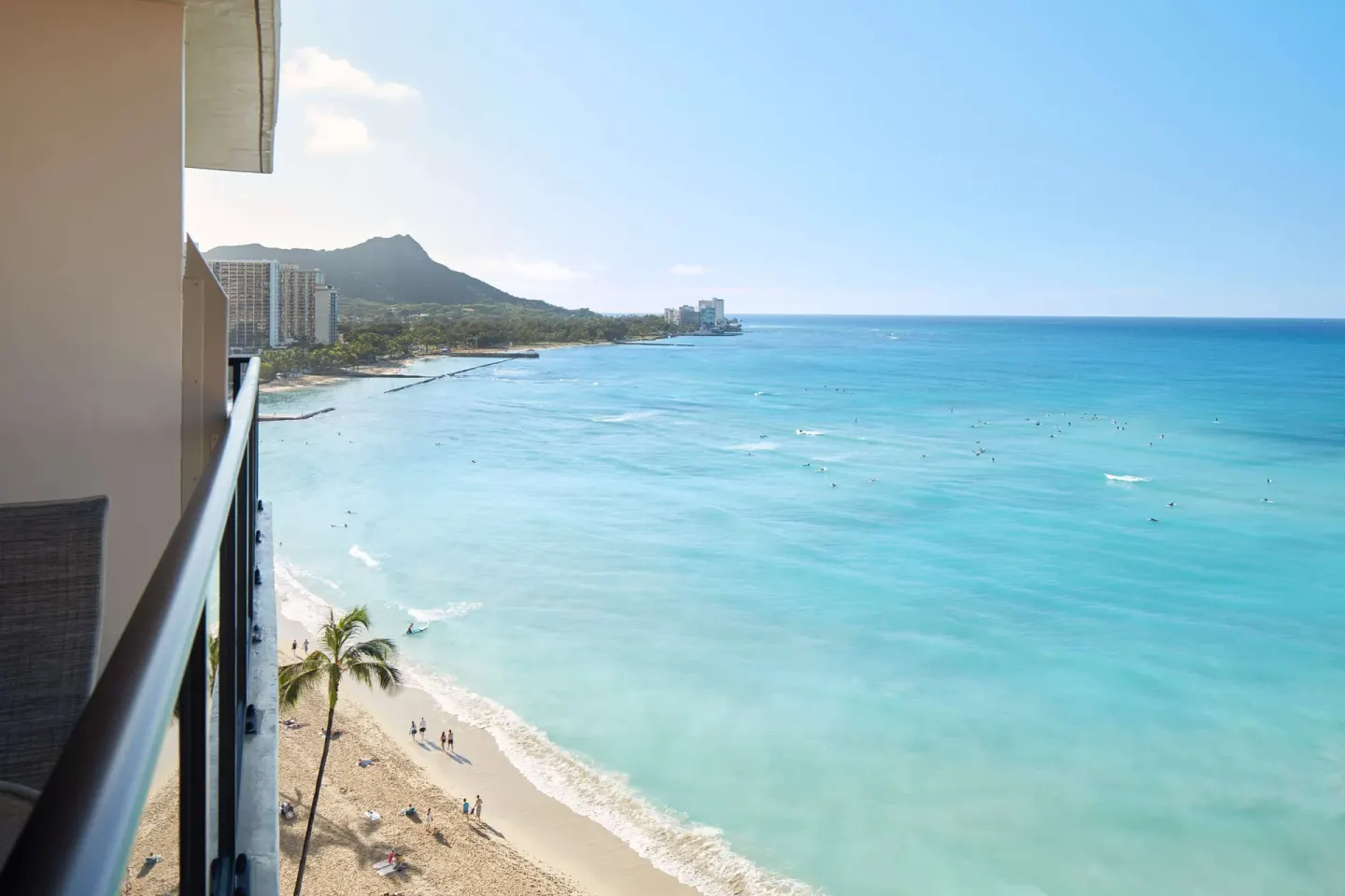 Oceanfront balcony view over Waikiki Beach at Outrigger Waikiki Beach Resort.