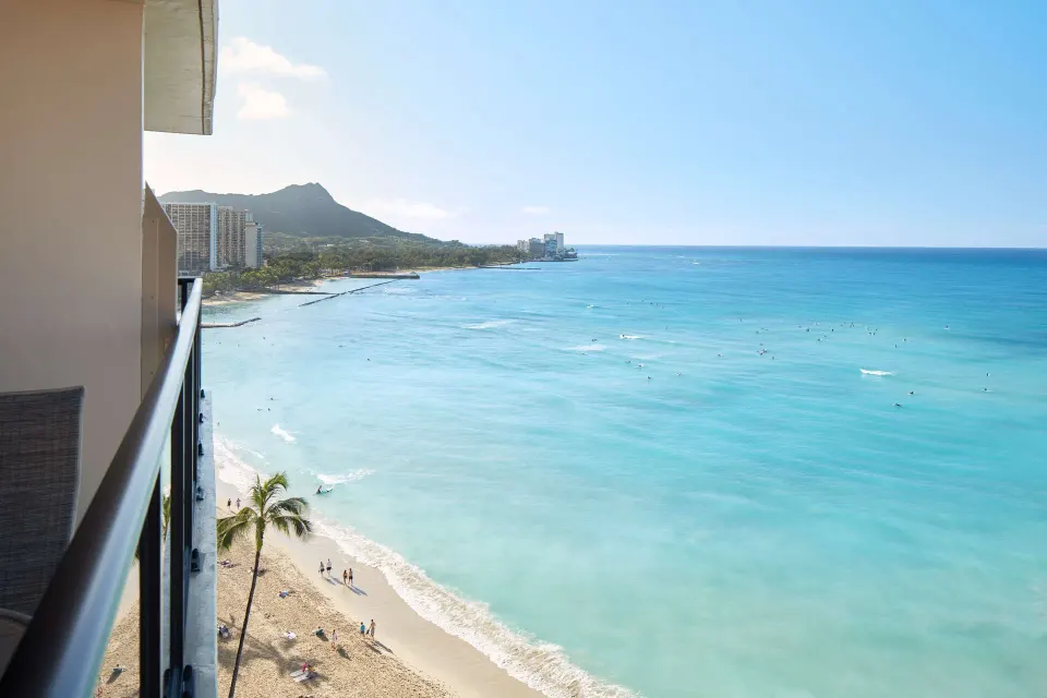 Oceanfront balcony view over Waikiki Beach at Outrigger Waikiki Beach Resort.