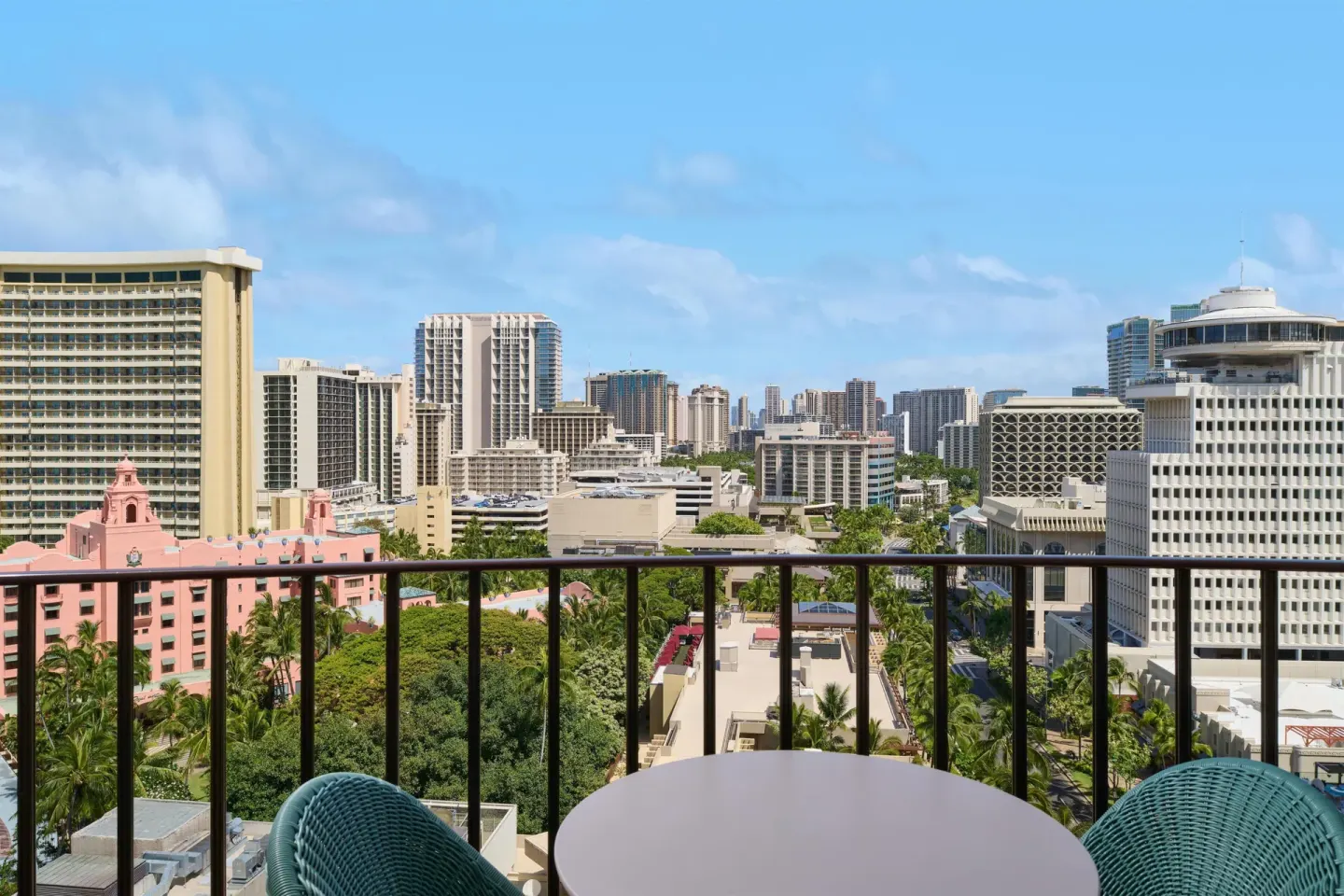 City-view balcony seating from a Club Room at Outrigger Waikiki Beach Resort.