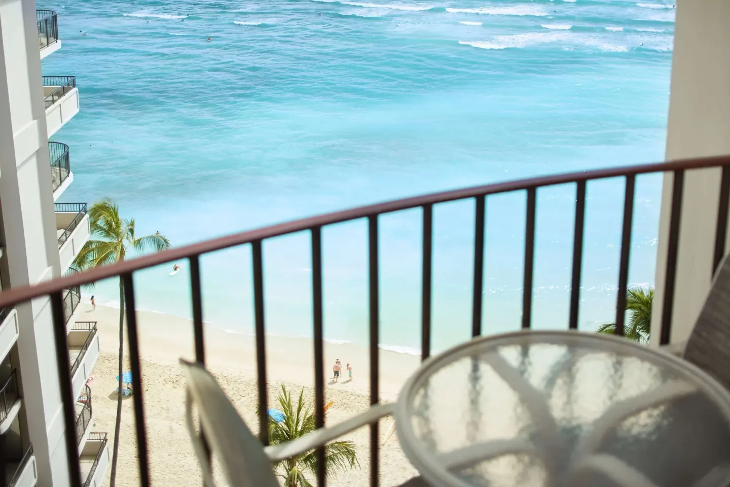 Club Room ocean-view balcony above Waikiki Beach at Outrigger Waikiki Beach Resort.