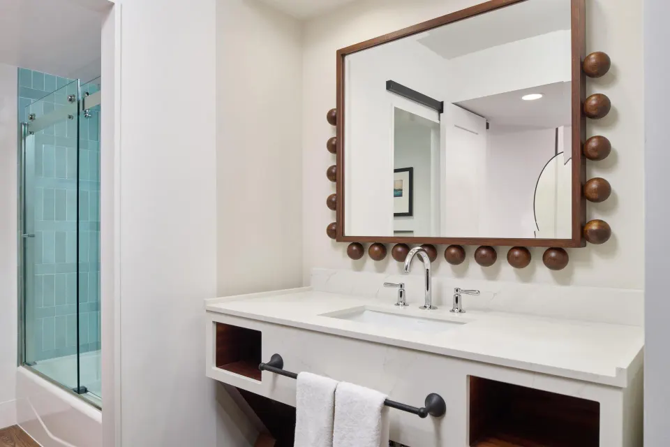 Club Room Partial Ocean View bathroom vanity at Outrigger Waikiki Beach Resort.