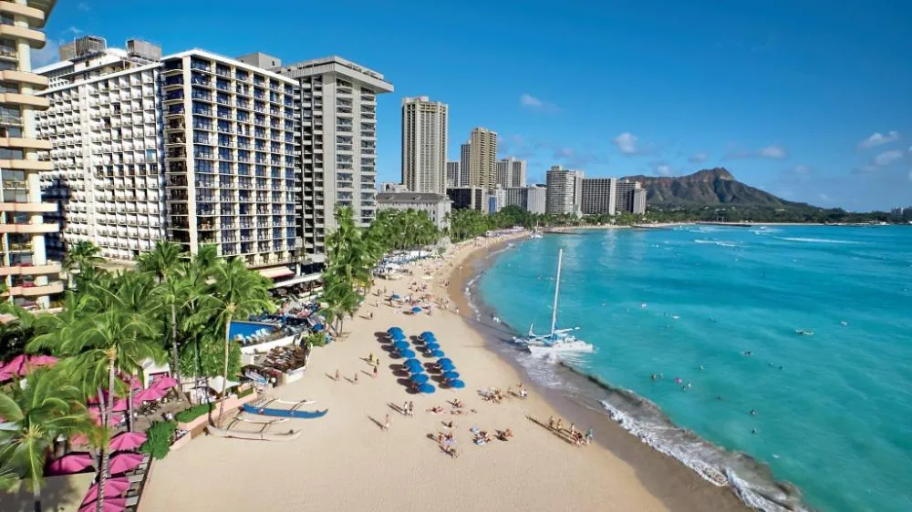 Partial ocean view from a guest room at Outrigger Waikiki Beach Resort overlooking Waikiki Beach.