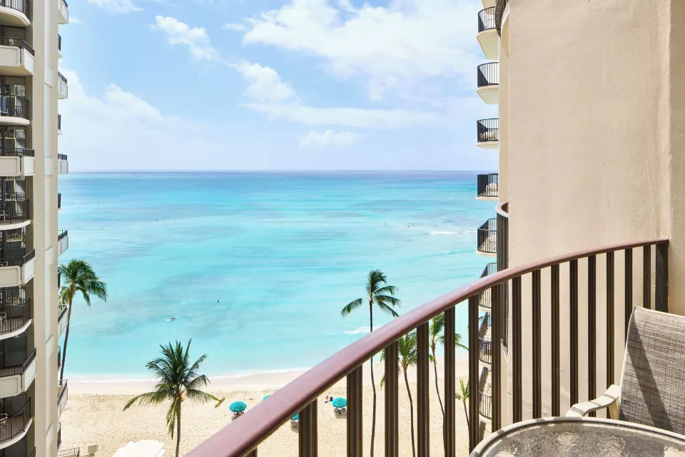 Ocean view balcony overlooking Waikiki Beach at Outrigger Waikiki Beach Resort.