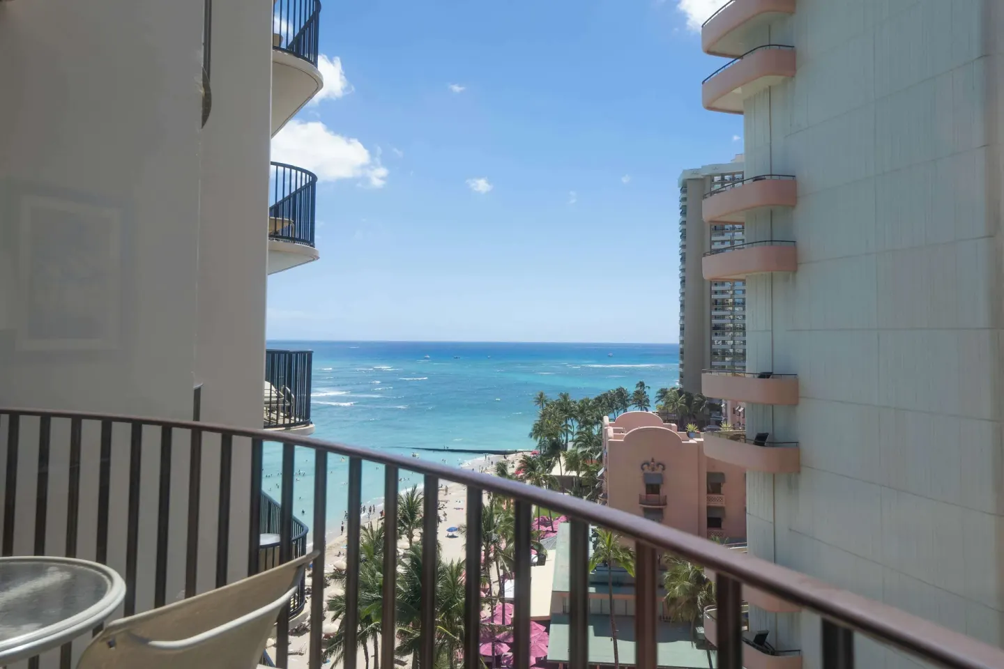 Balcony ocean view between hotel towers at Outrigger Waikiki Beach Resort.
