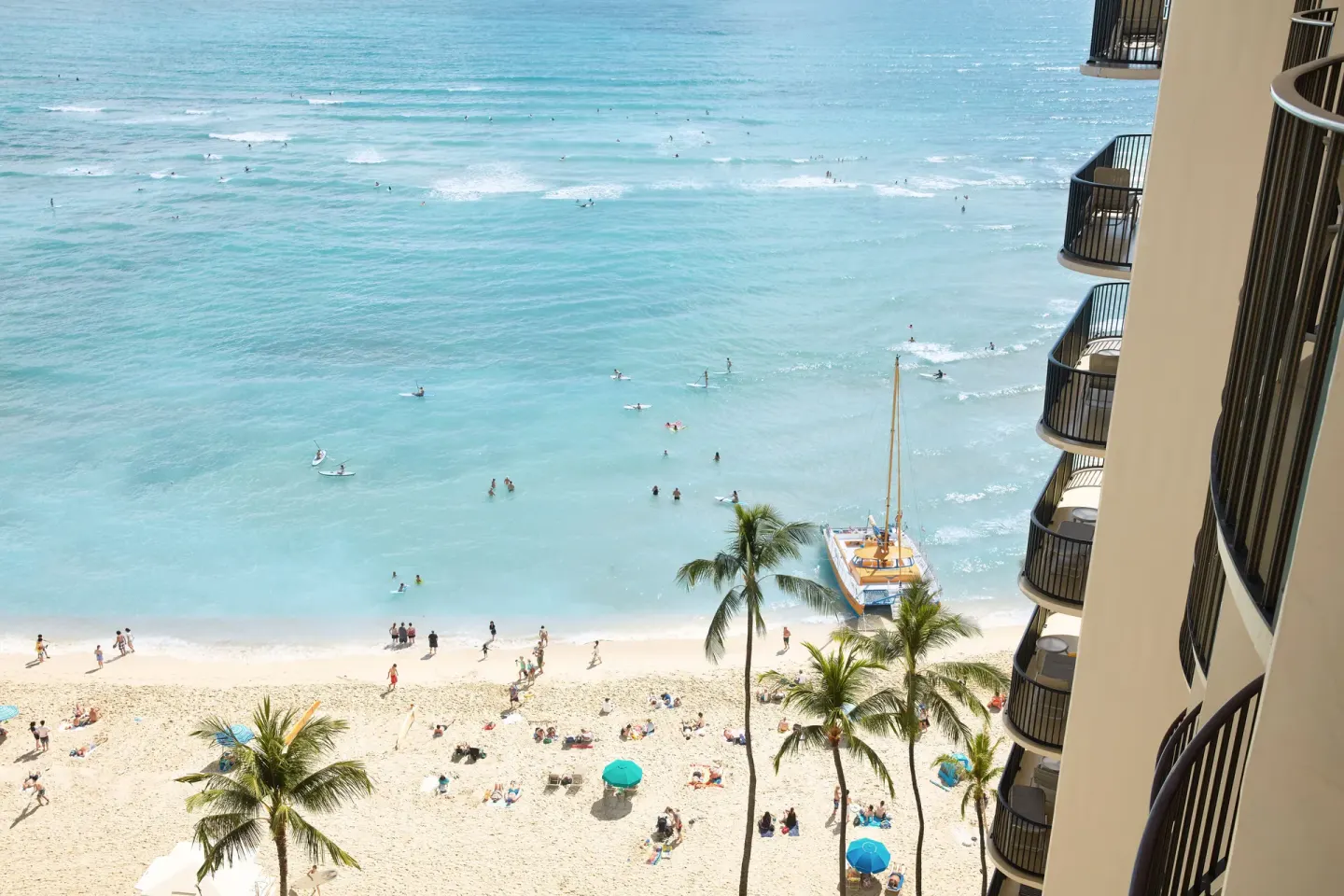 Ocean view from a guest room balcony at Outrigger Waikiki Beach Resort.