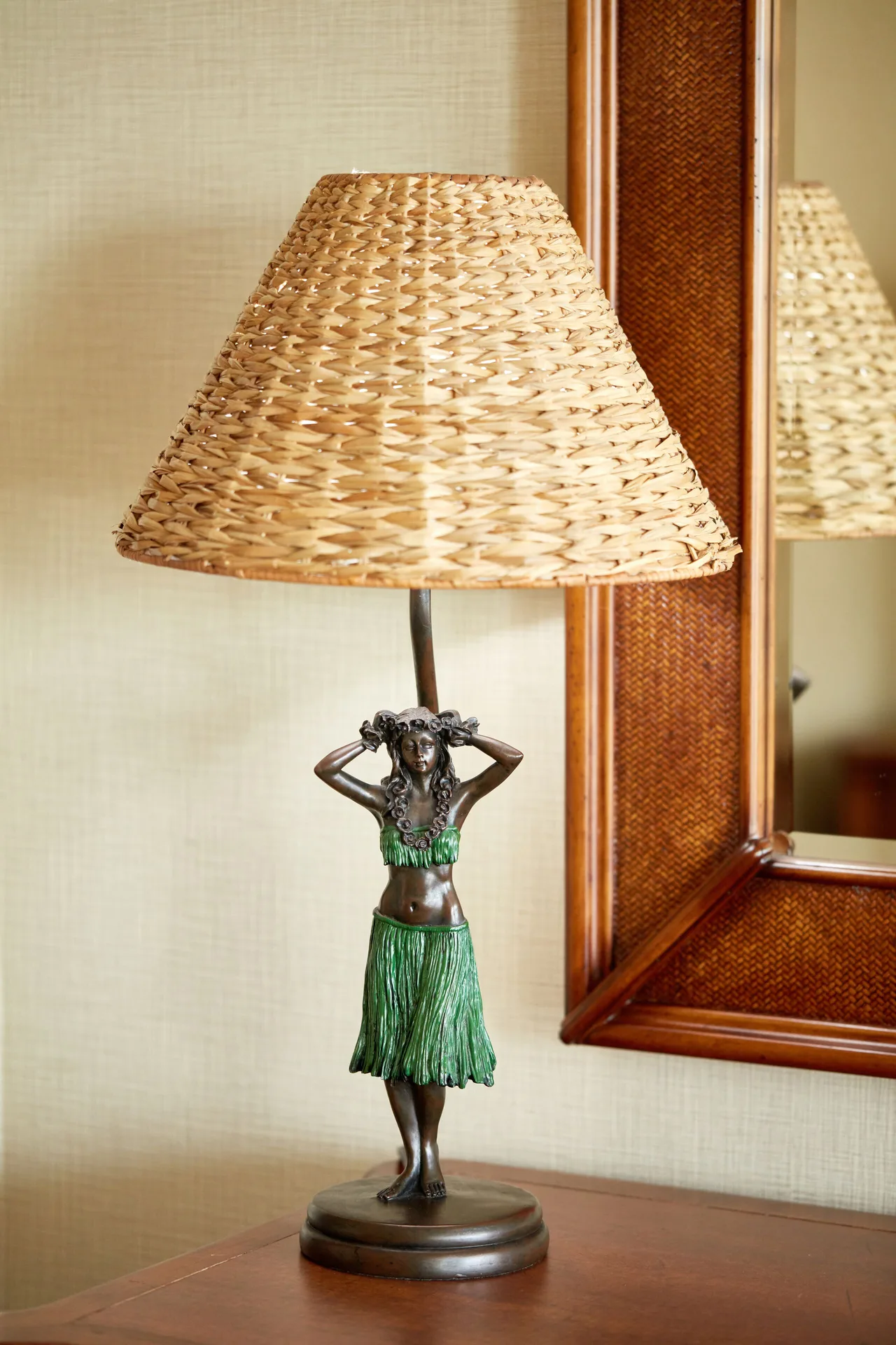 Woven-shade hula lamp in a guest room at Outrigger Waikiki Beach Resort.