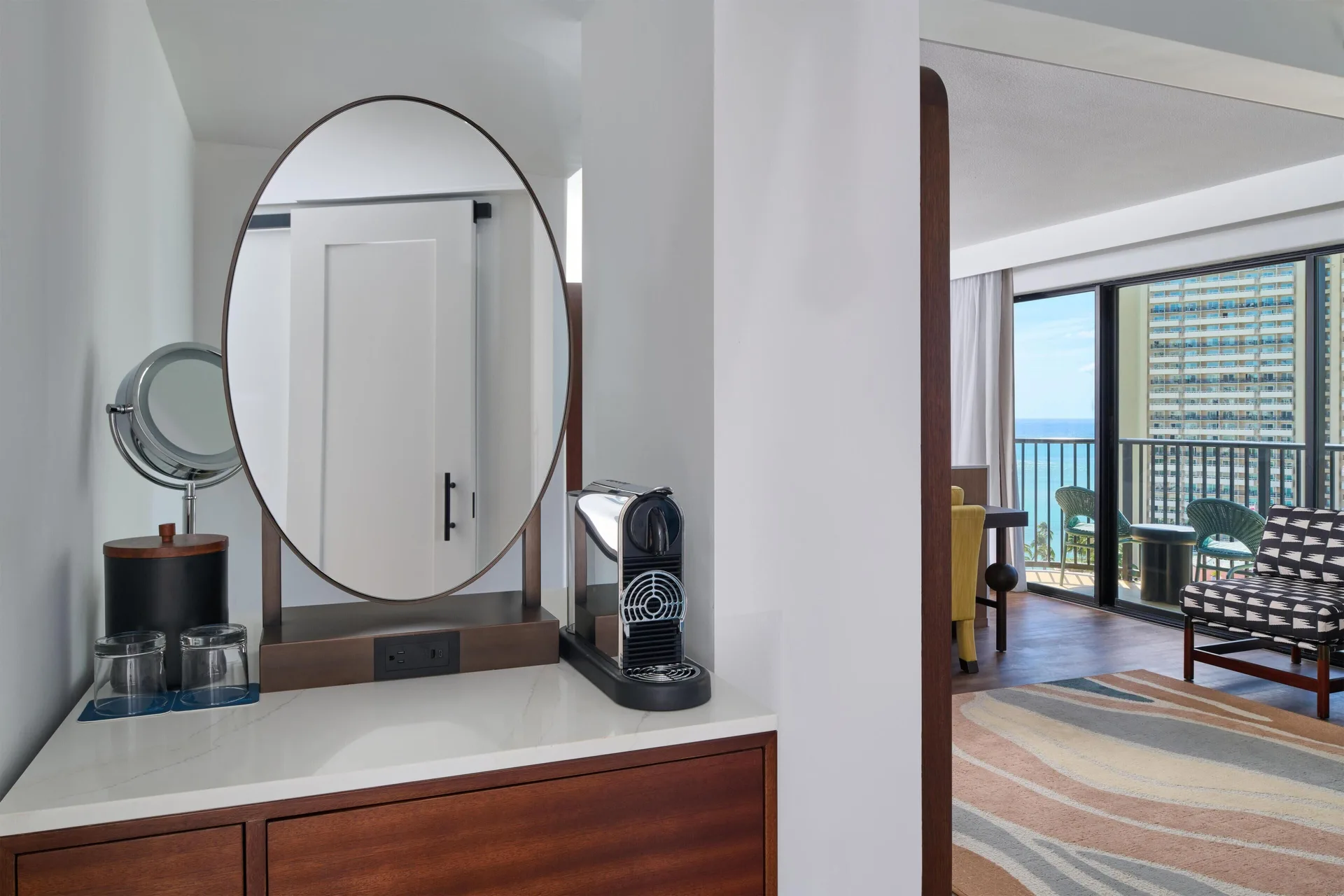 Suite refreshment area and sitting room at Outrigger Waikiki Beach Resort.