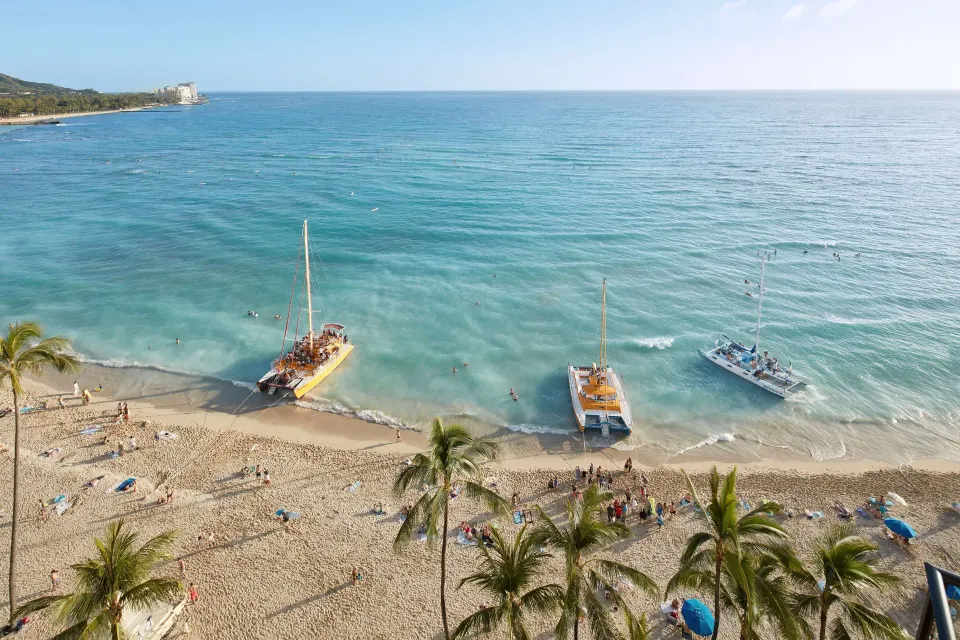 Waikiki Beach ocean view from the suite at Outrigger Waikiki Beach Resort.