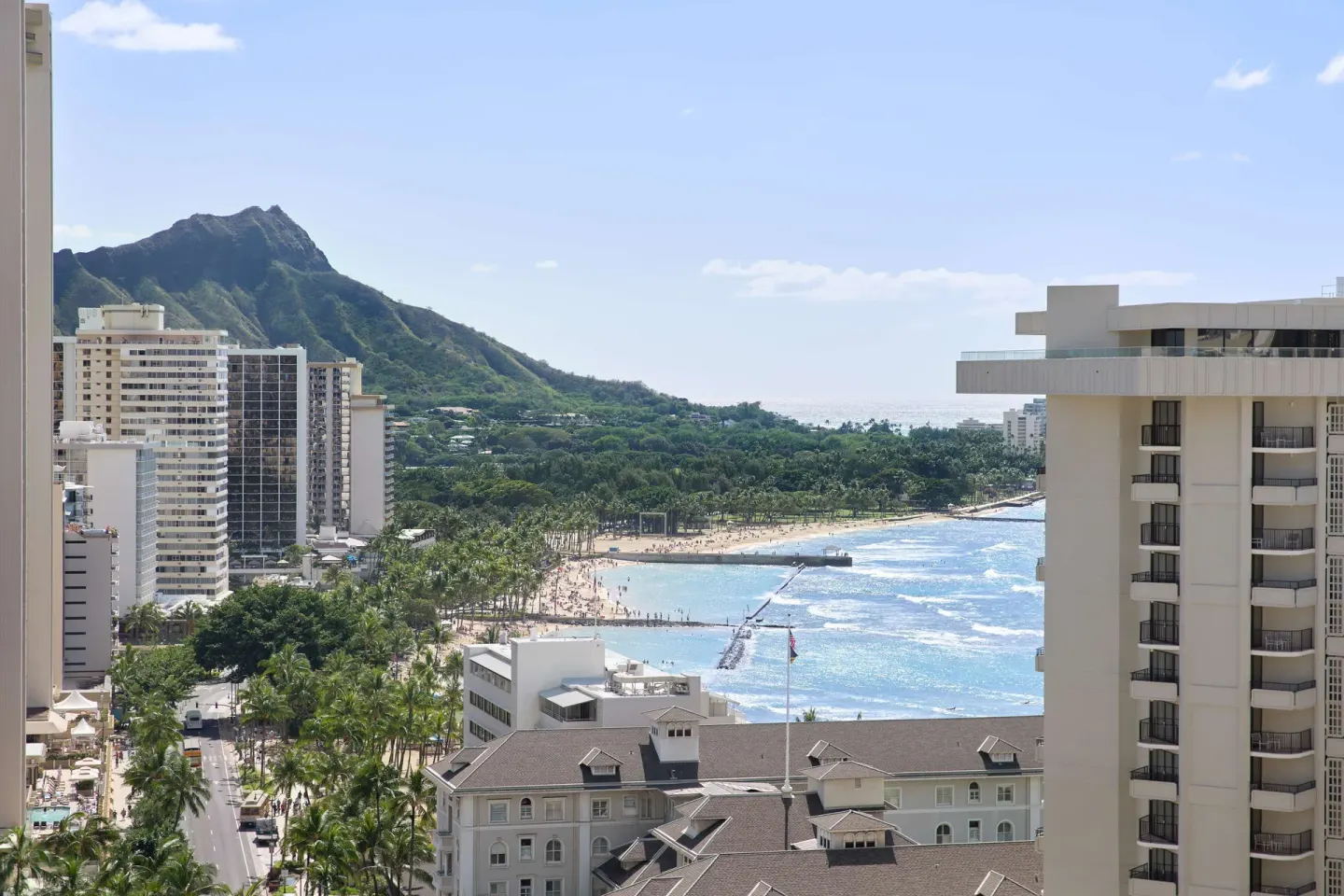 High-floor view of Diamond Head and Waikiki Beach at OUTRIGGER Waikiki Beachcomber Hotel.