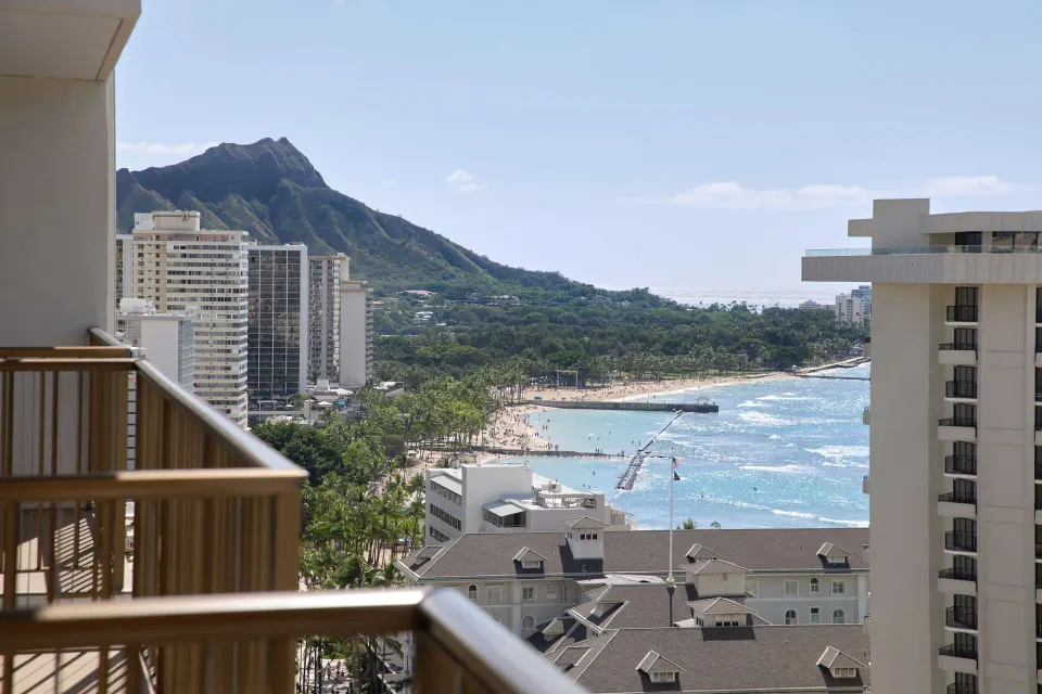 Balcony view of Diamond Head and Waikiki Beach from OUTRIGGER Waikiki Beachcomber Hotel.