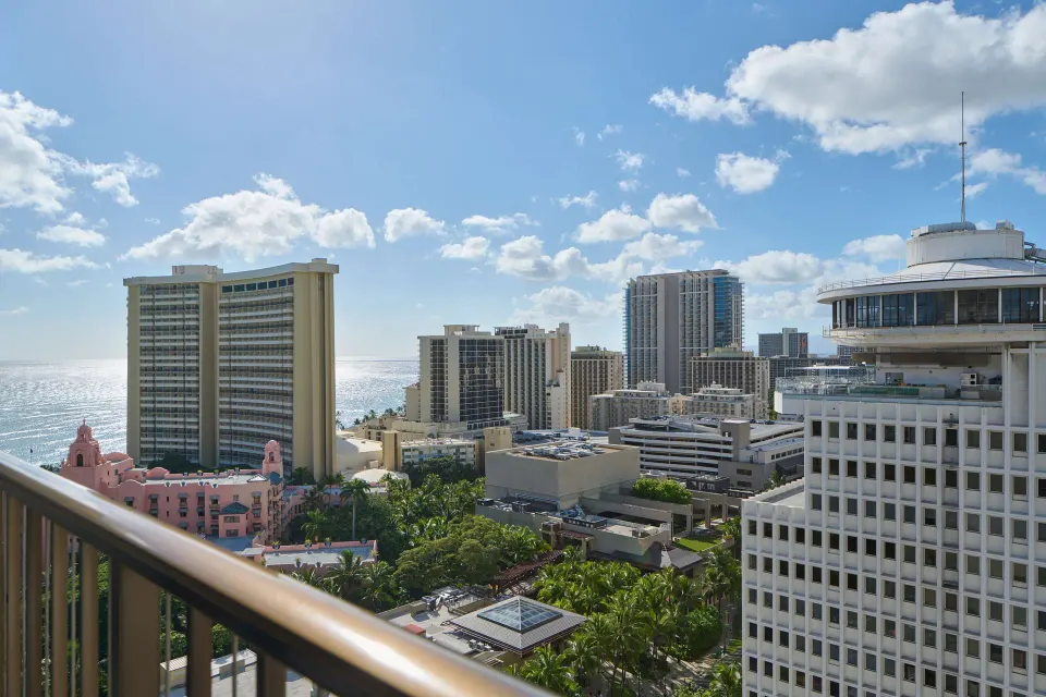 Ocean and Waikiki skyline view from a balcony at OUTRIGGER Waikiki Beachcomber Hotel.