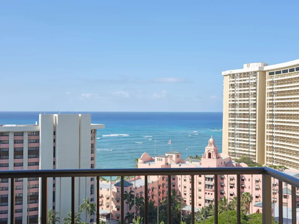 Ocean view from a Diamond Head room balcony at Outrigger Waikiki Beachcomber Hotel.