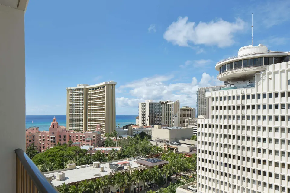 Partial ocean and Waikiki skyline view from OUTRIGGER Waikiki Beachcomber Hotel.