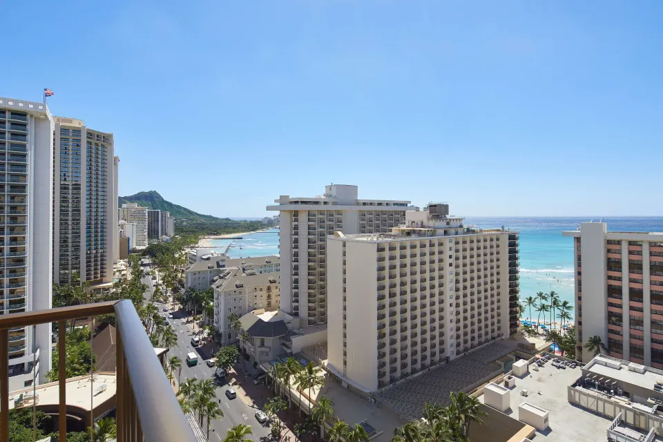 Balcony view of Waikiki hotels, beach, ocean, and Diamond Head from OUTRIGGER Waikiki Beachcomber Hotel.