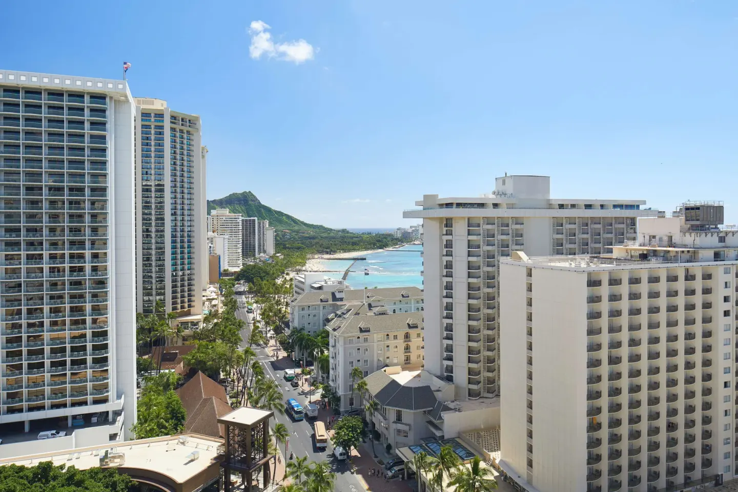 Diamond Head and Waikiki shoreline view from OUTRIGGER Waikiki Beachcomber Hotel.