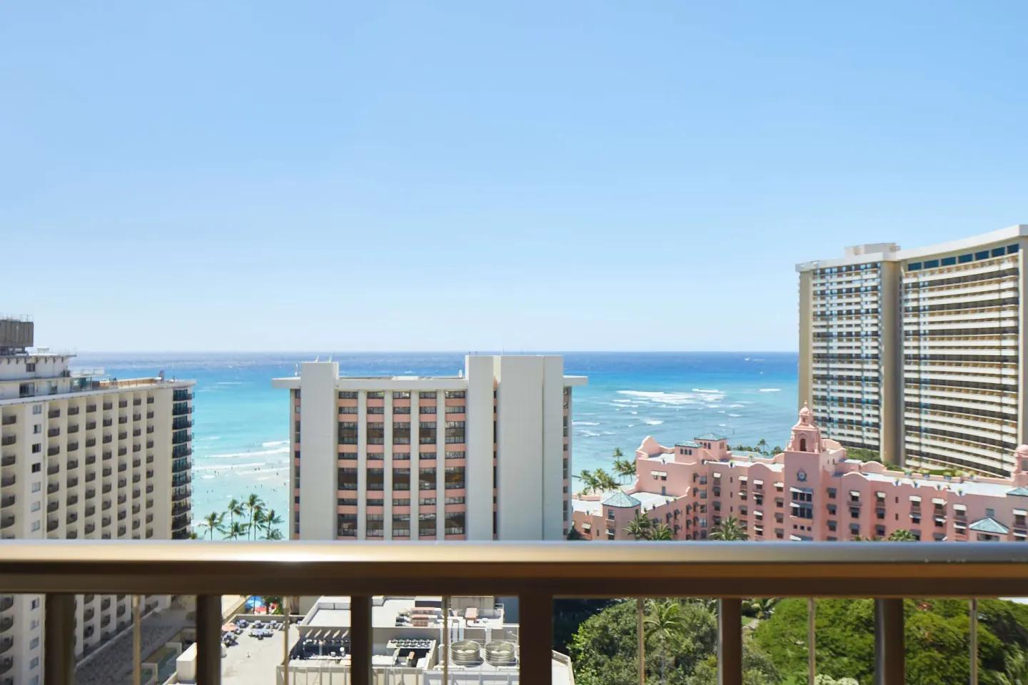 Ocean and Waikiki skyline view from a suite balcony at OUTRIGGER Waikiki Beachcomber Hotel.