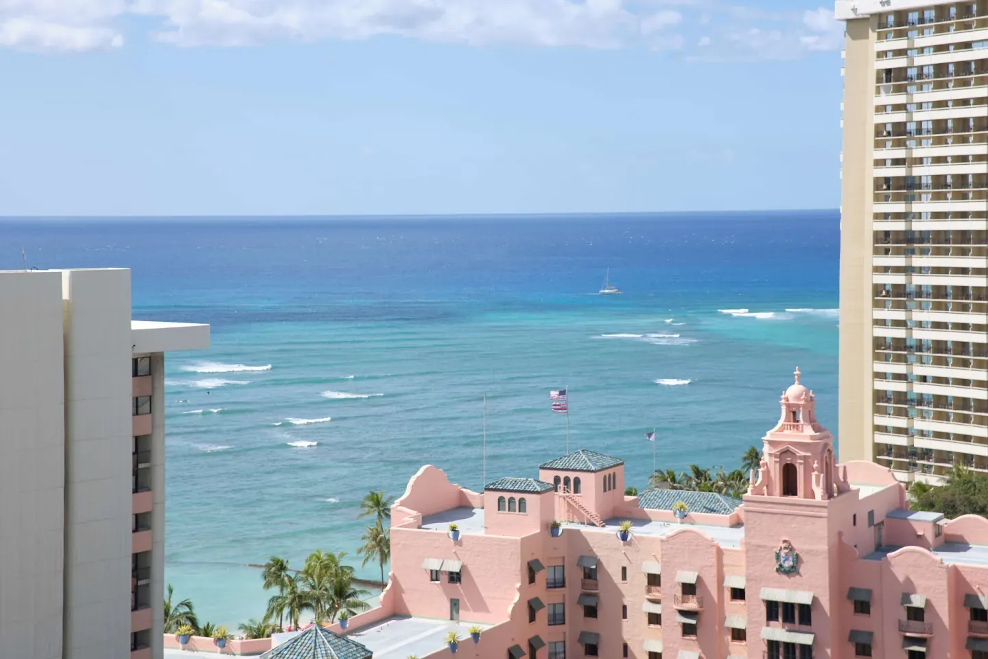 Ocean and neighboring Waikiki buildings seen from OUTRIGGER Waikiki Beachcomber Hotel.
