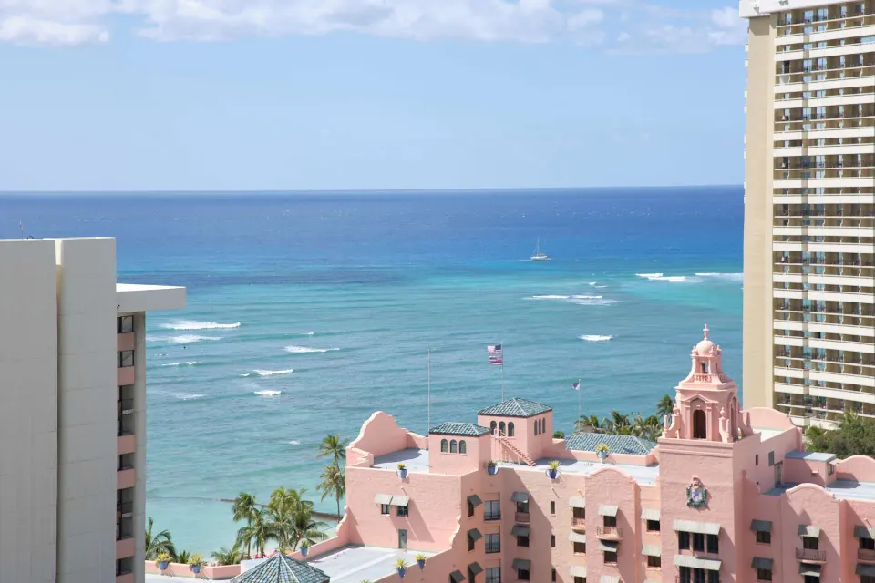 Ocean and neighboring Waikiki buildings seen from OUTRIGGER Waikiki Beachcomber Hotel.